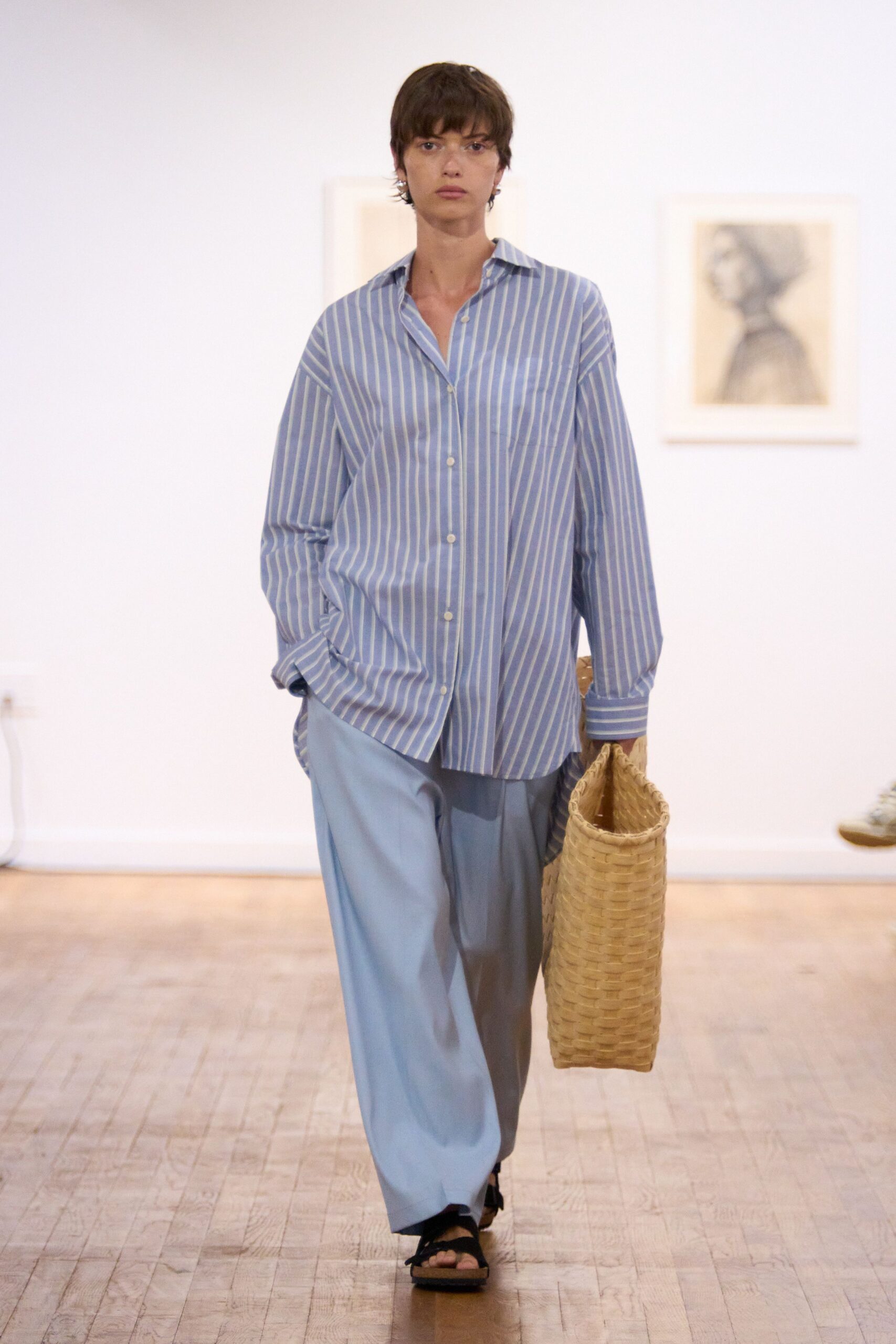 blue striped shirt and relaxed pants