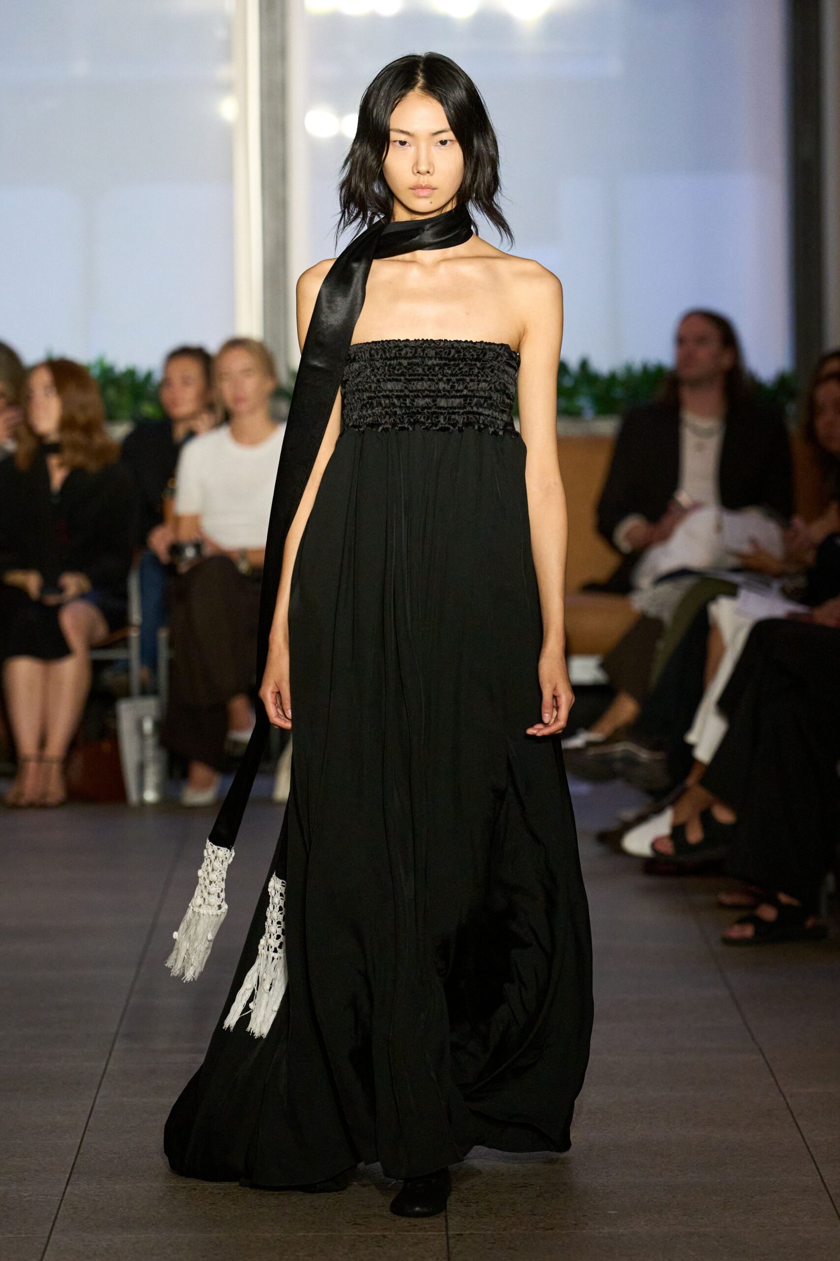 black silk strapless gown