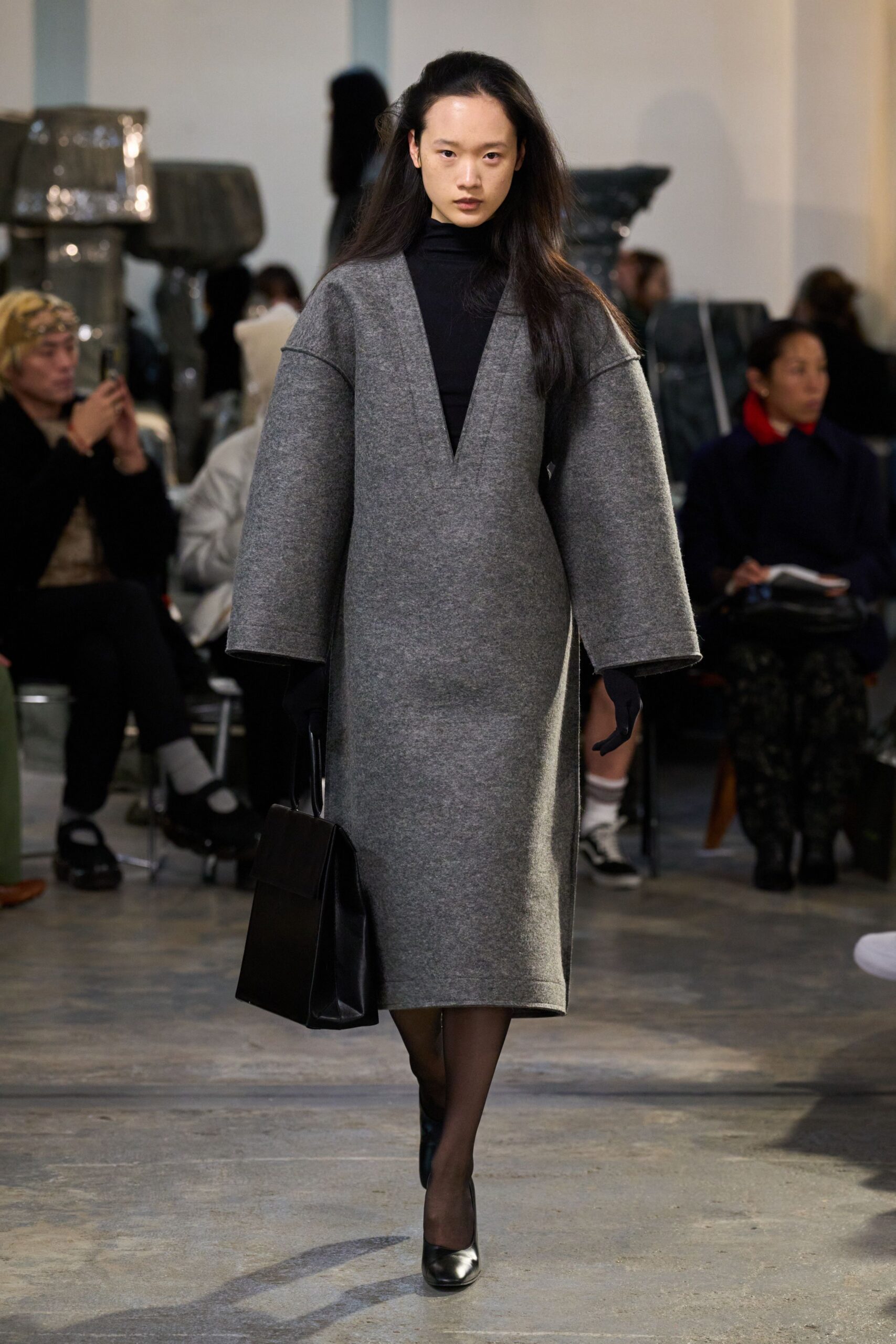 gray wool relaxed midi dress
