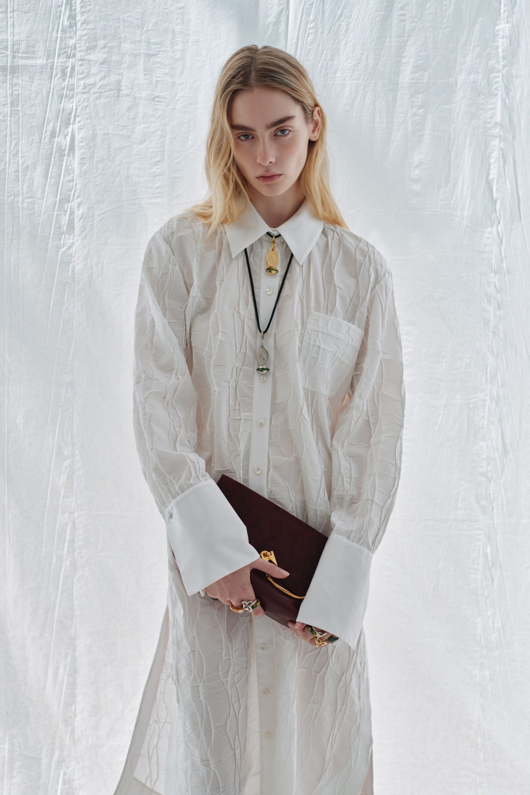 white cotton long-sleeve collared relaxed pleated midi shirt-dress