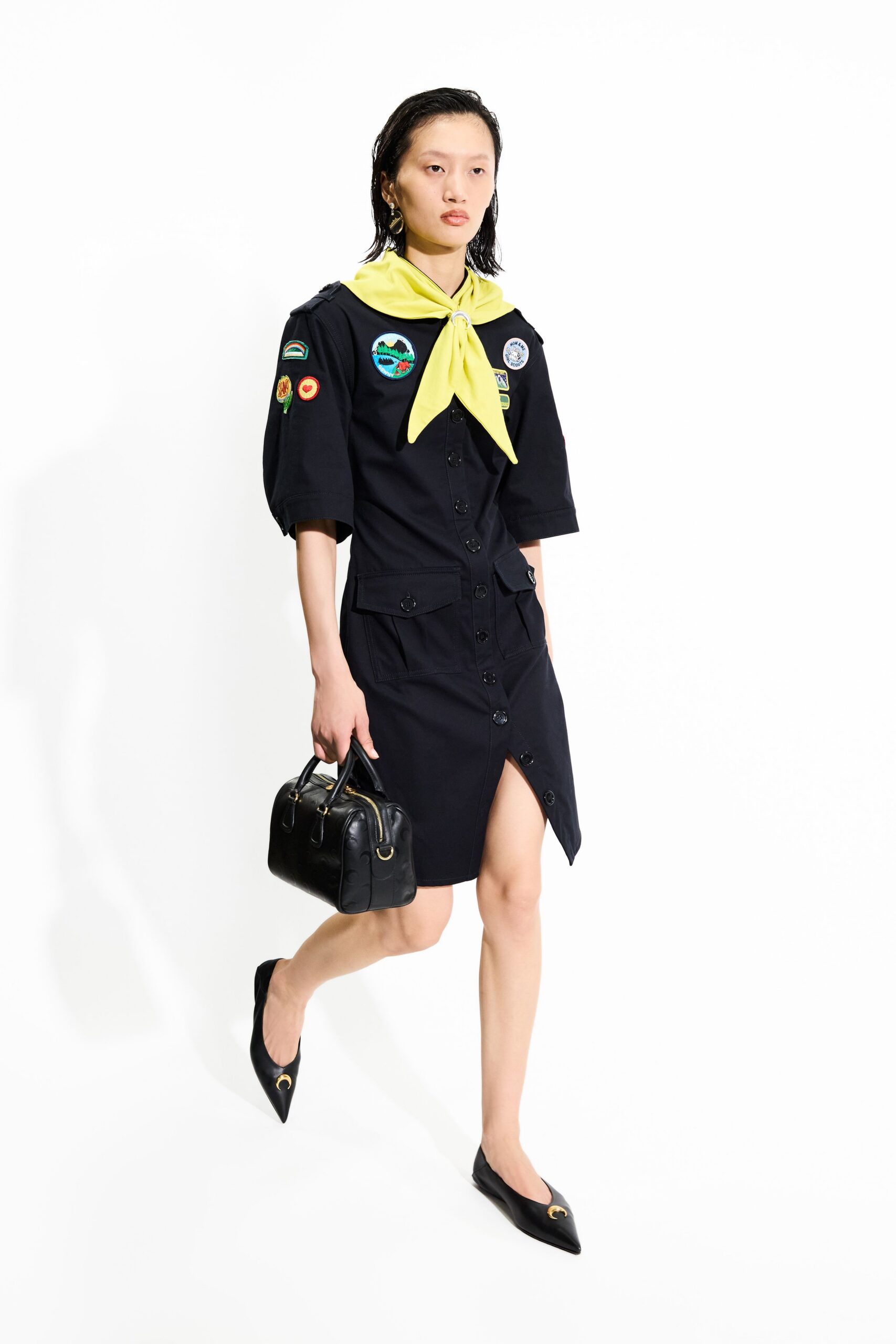 black cotton short-sleeve collared fitted buttoned short shirt-dress