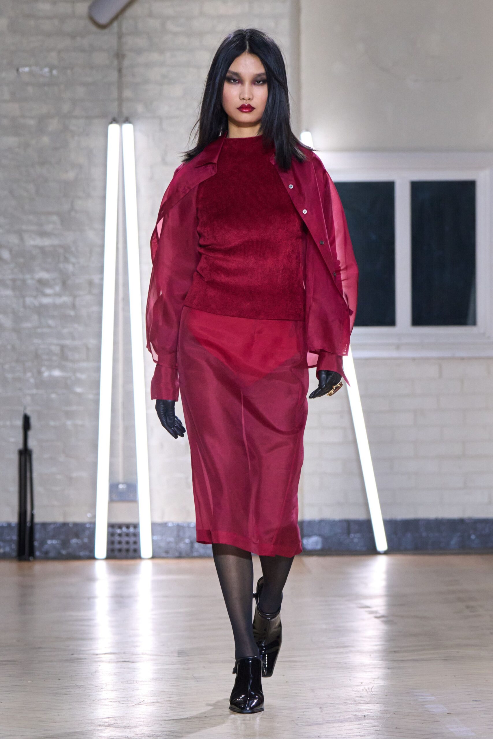 red long-sleeve relaxed layered sheer flowing jacket
