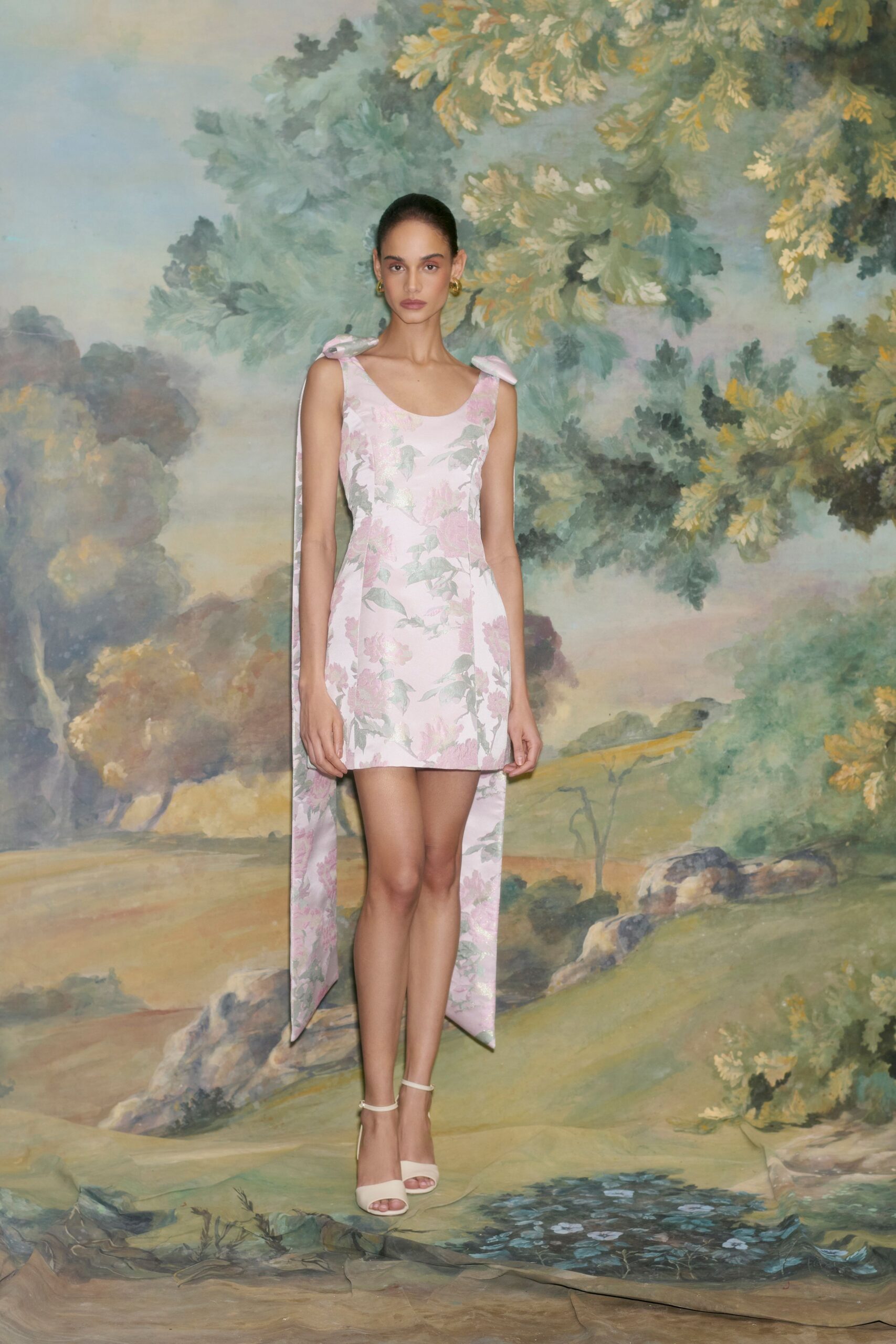 pink floral mini-dress with heels