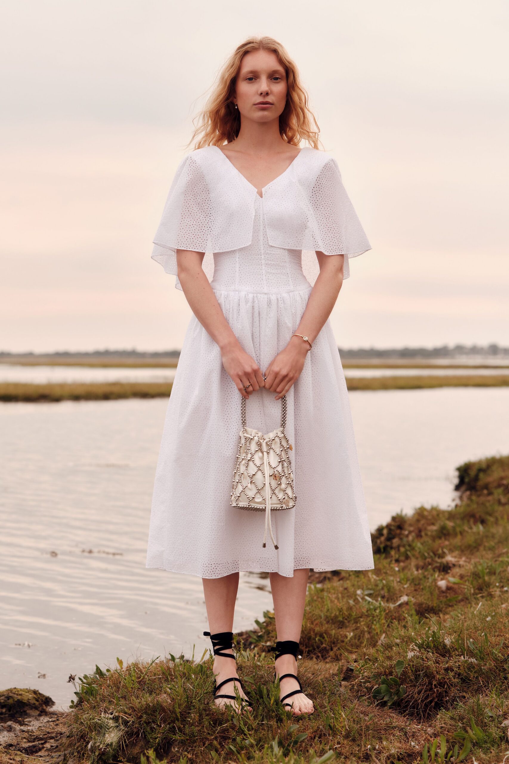 white midi dress with black shoes