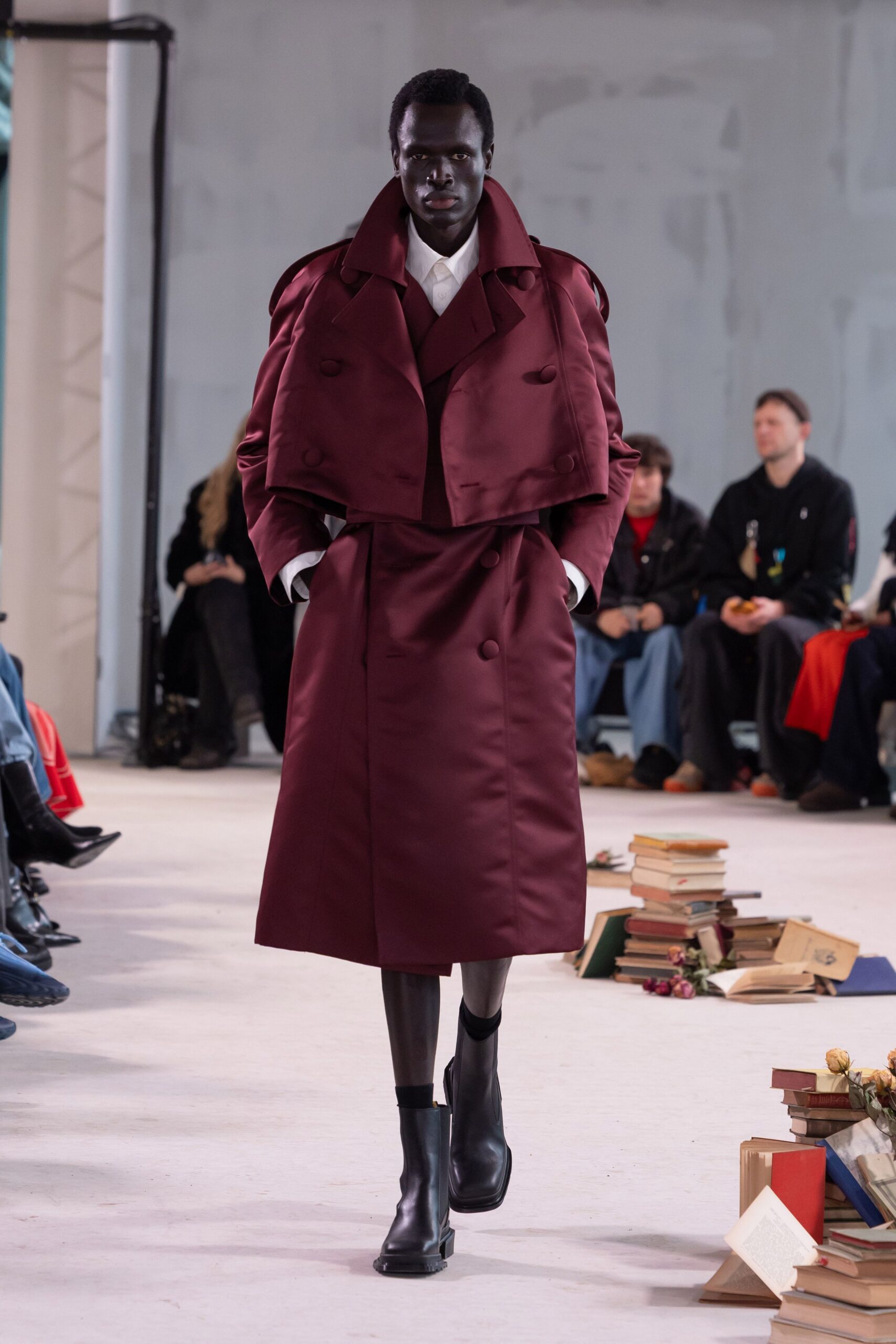 maroon silk long-sleeve collared fitted buttoned midi coat