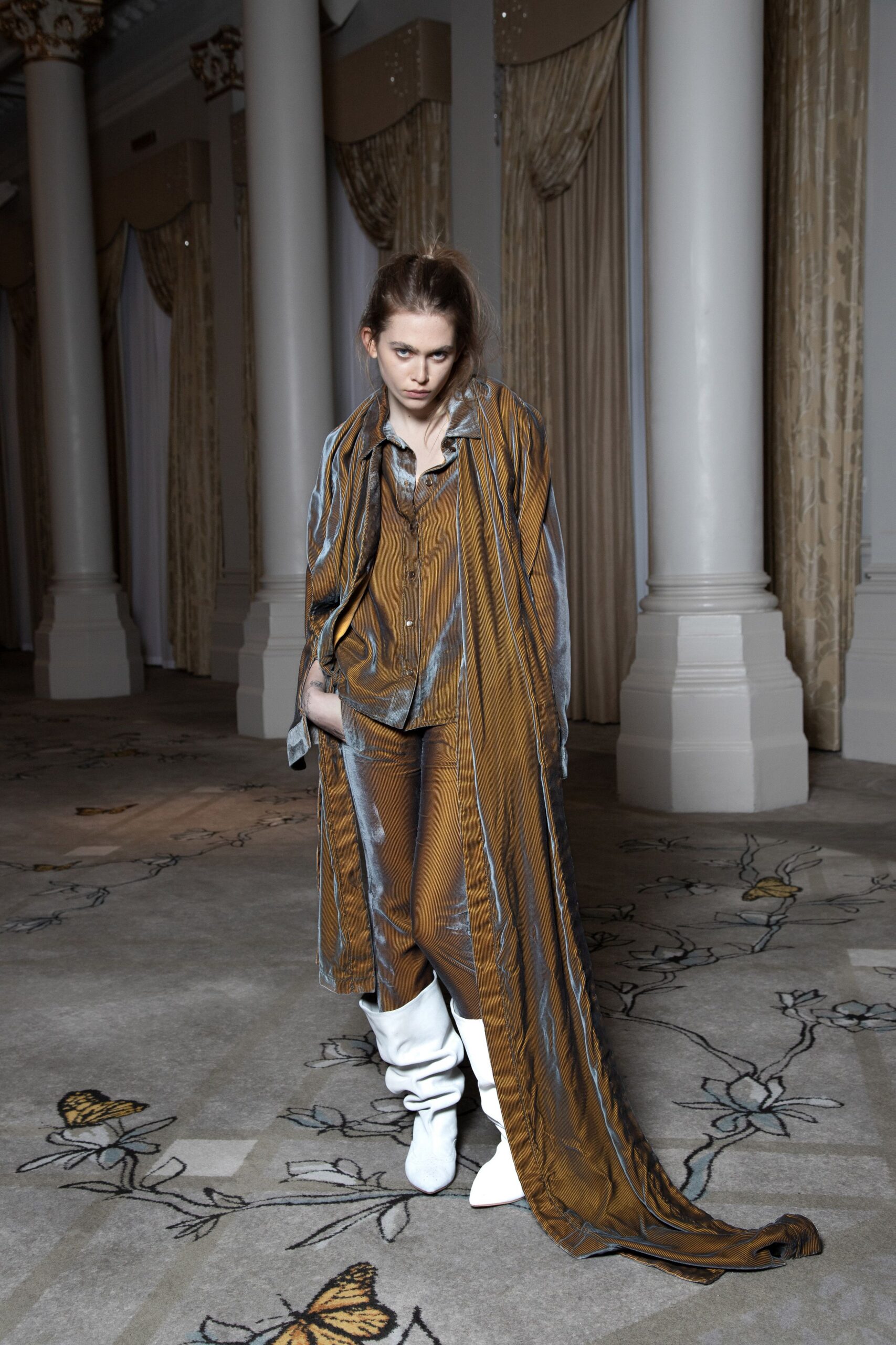 orange silk fitted pleated pants