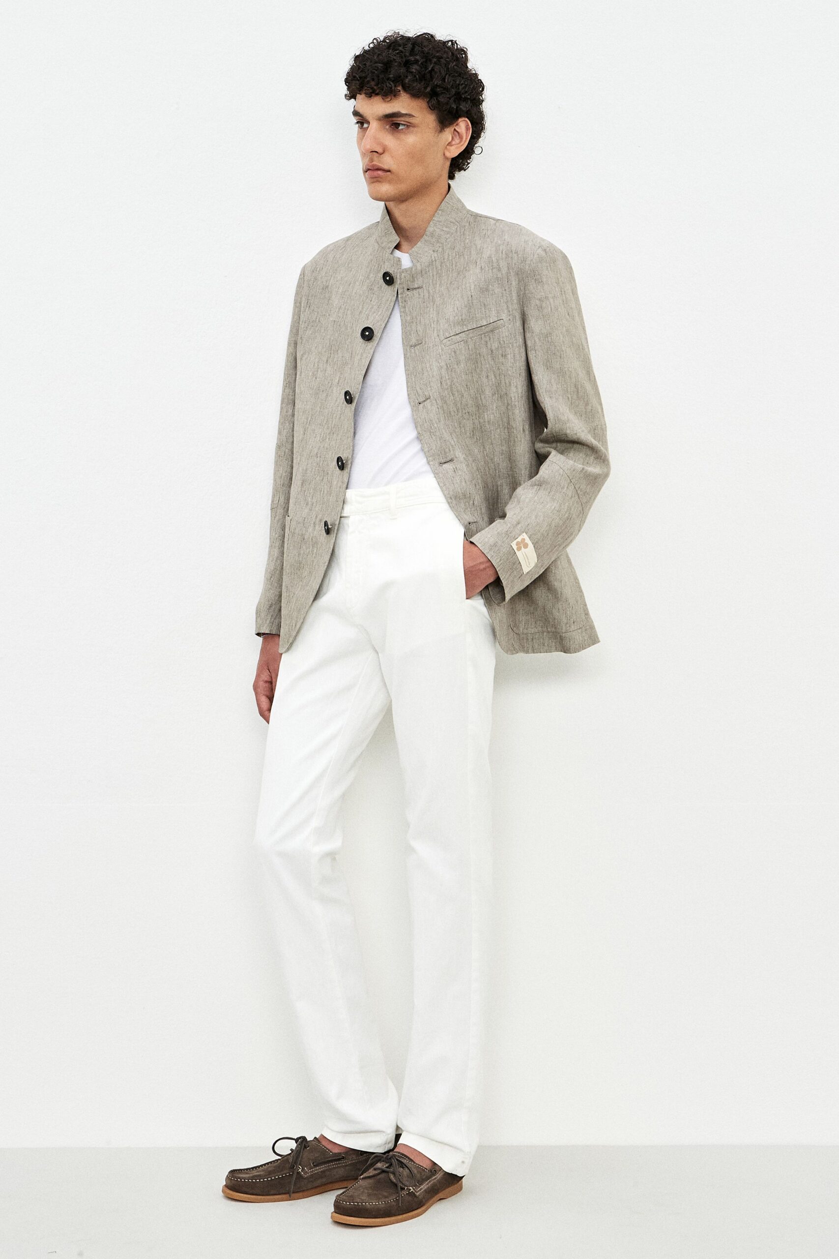 beige linen jacket with white shirt