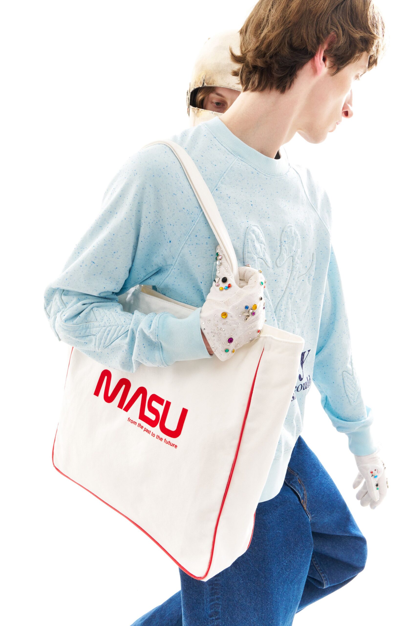 blue cotton long-sleeve collared relaxed embroidered sweater