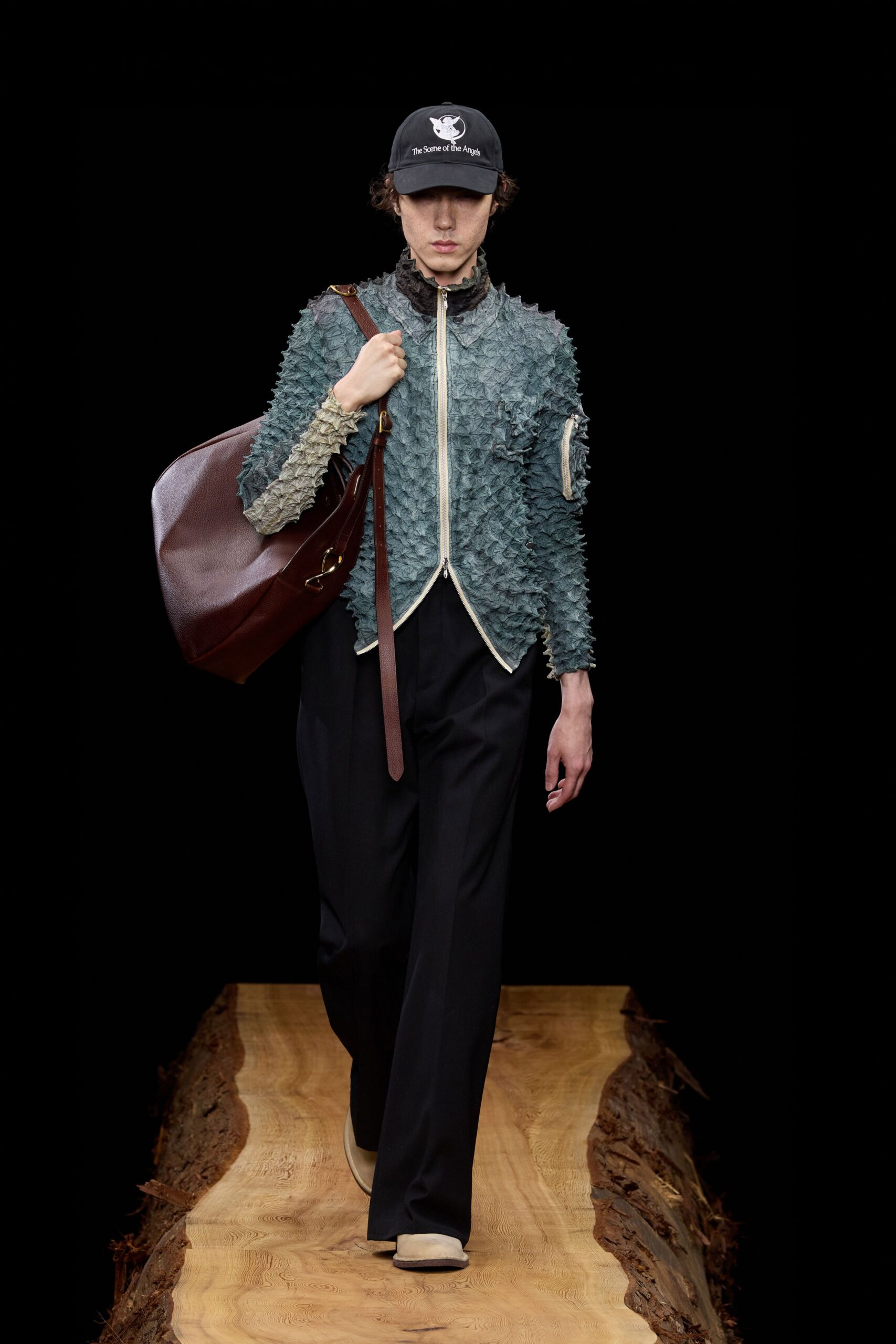 blue silk long-sleeve collared fitted layered jacket