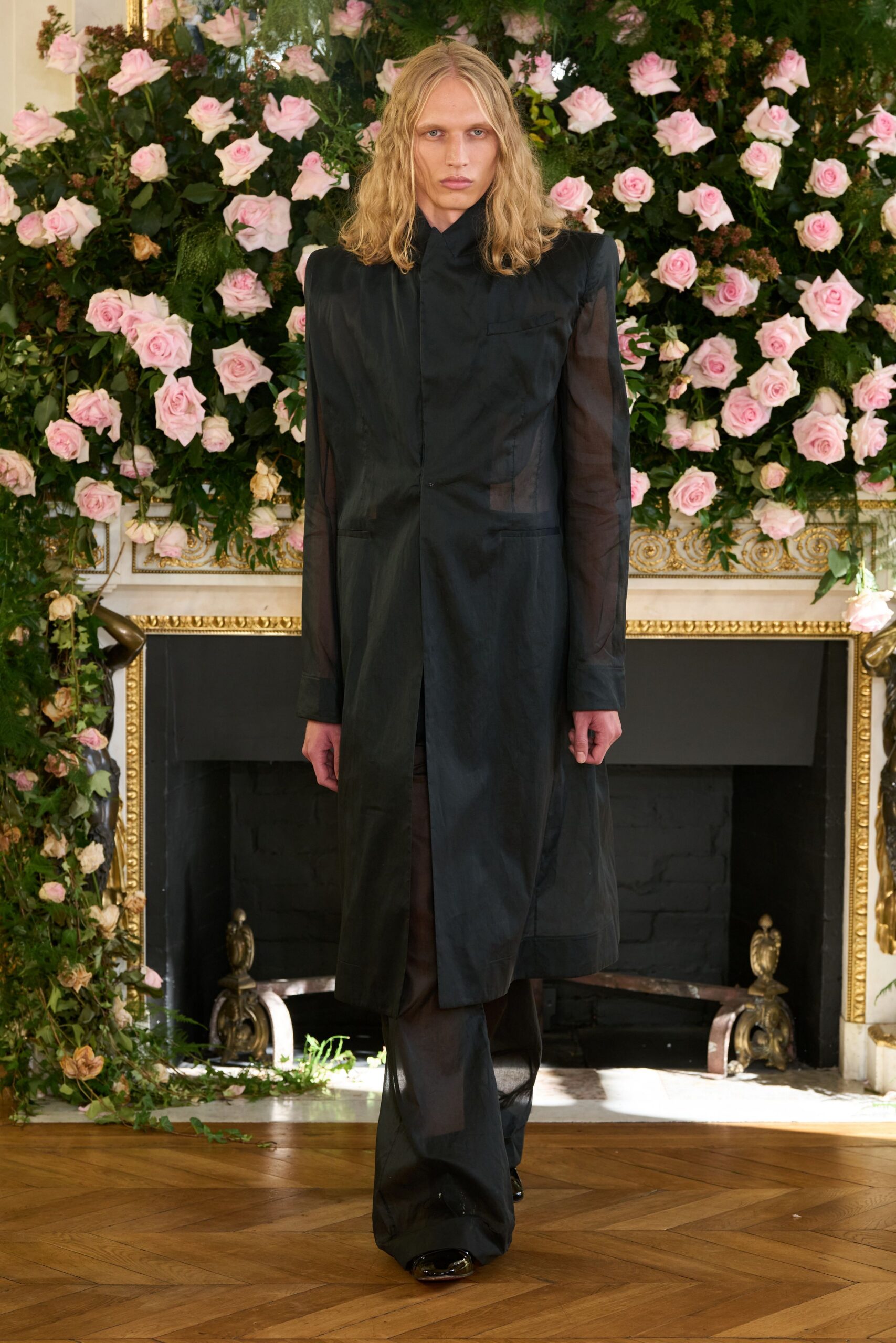 black silk long-sleeve collared relaxed layered sheer coat