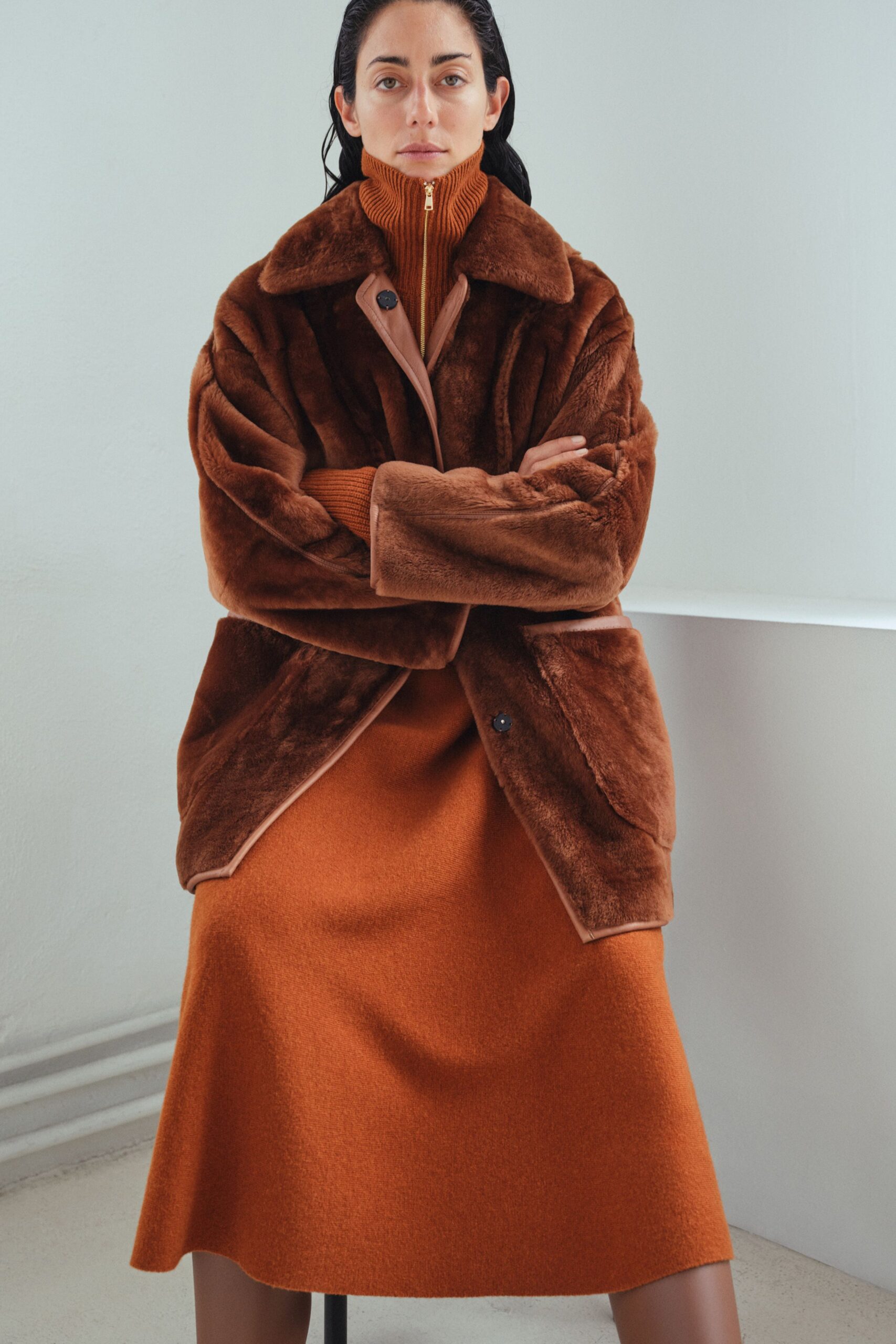 orange wool sleeveless high-neck fitted straight-leg midi dress