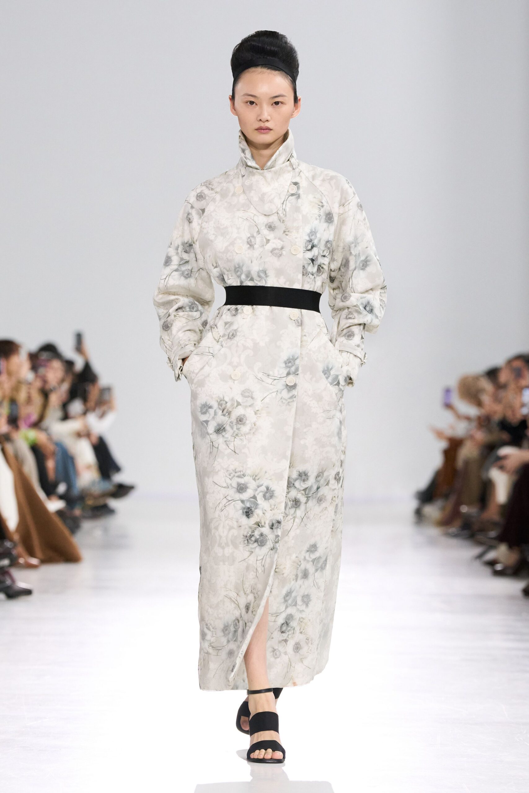 white silk long-sleeve collared relaxed floral buttoned dress