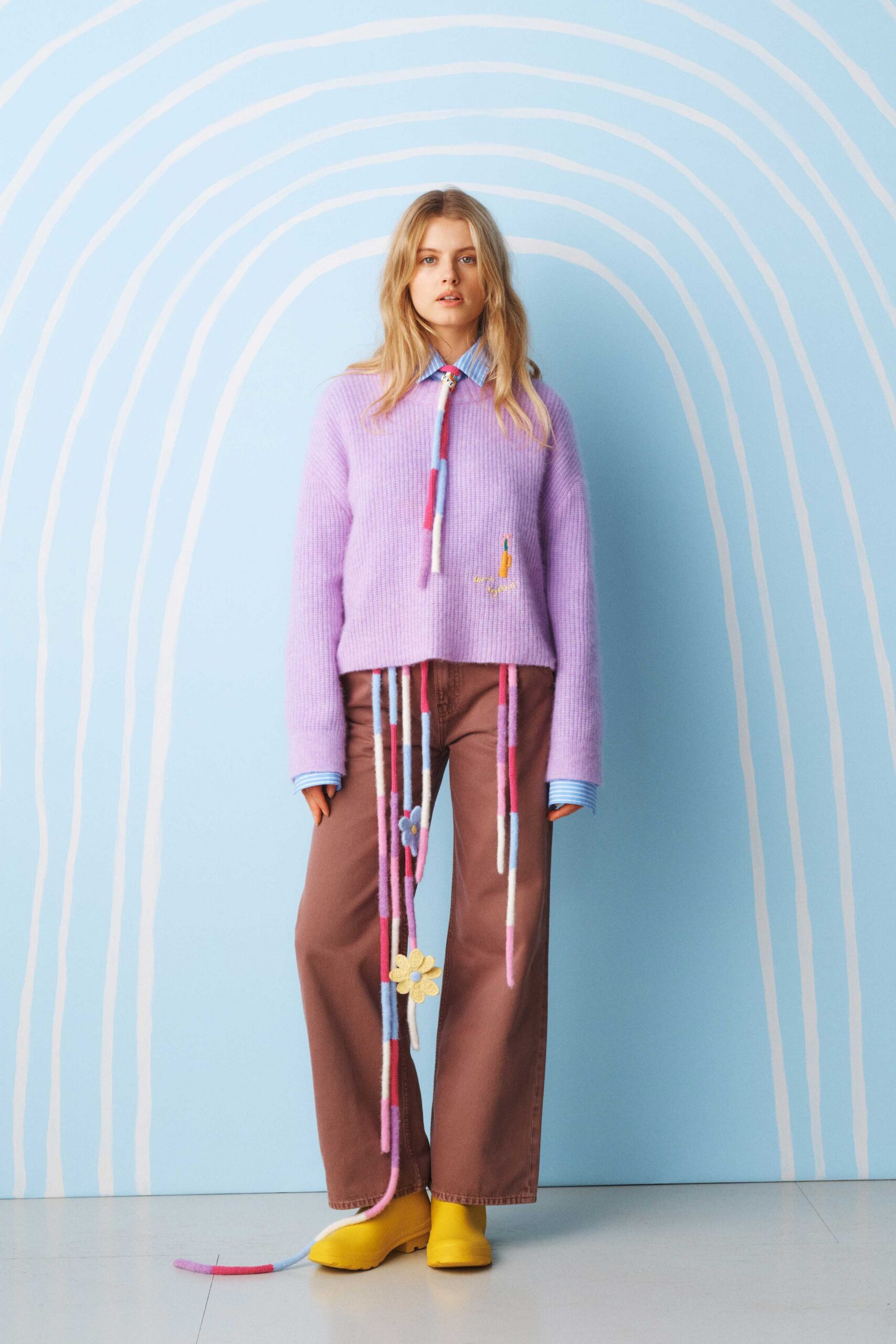 purple cotton long-sleeve collared relaxed layered sweater
