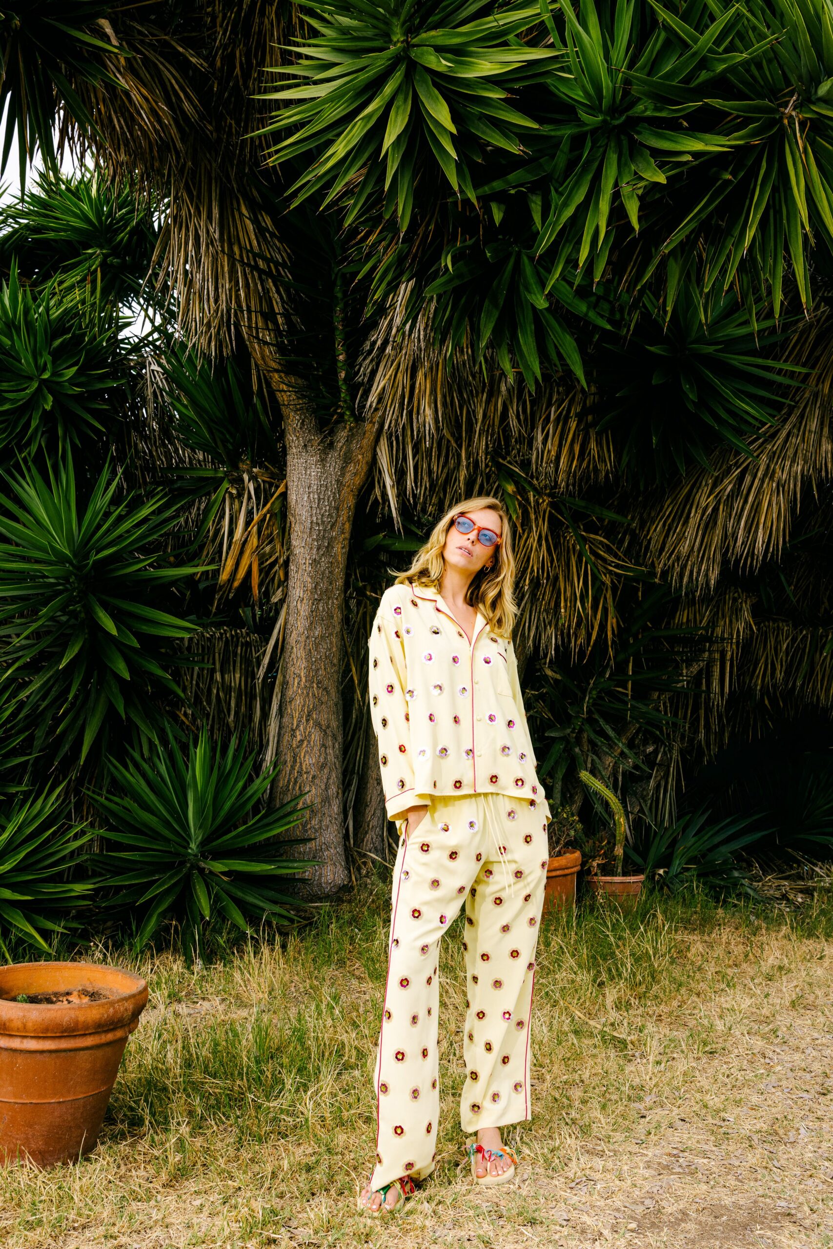 yellow cotton long-sleeve collared relaxed printed shirt