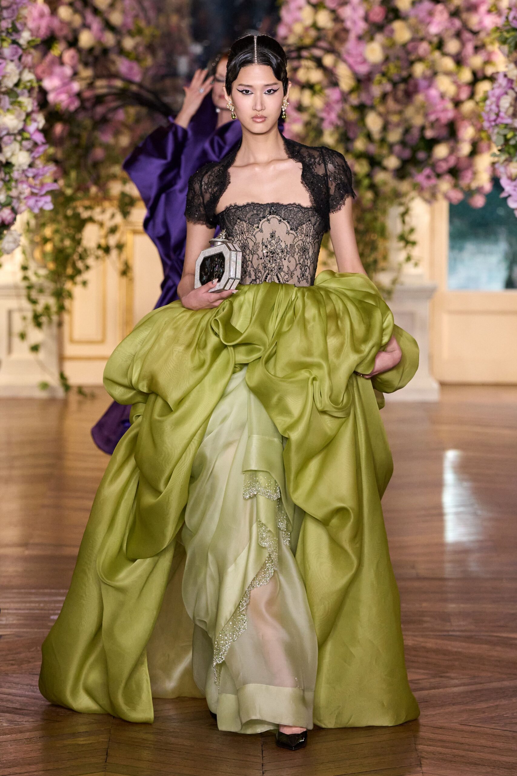 green silk sleeveless v-neck fitted ruffled layered gown
