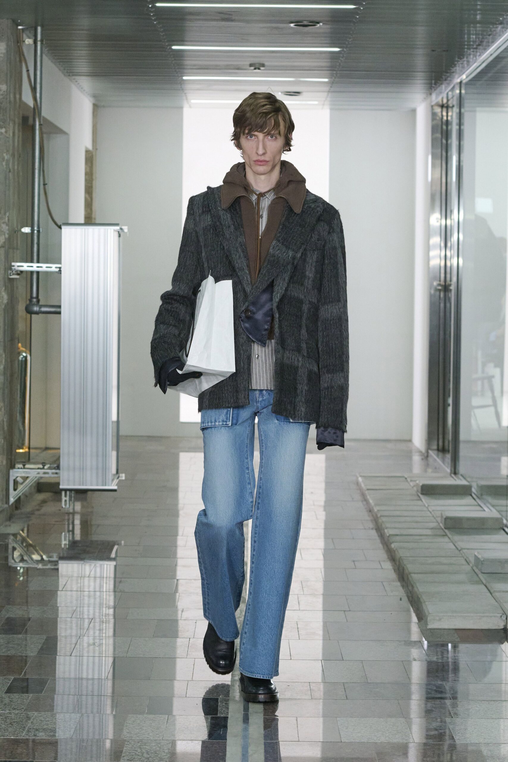 gray wool jacket with brown hoodie