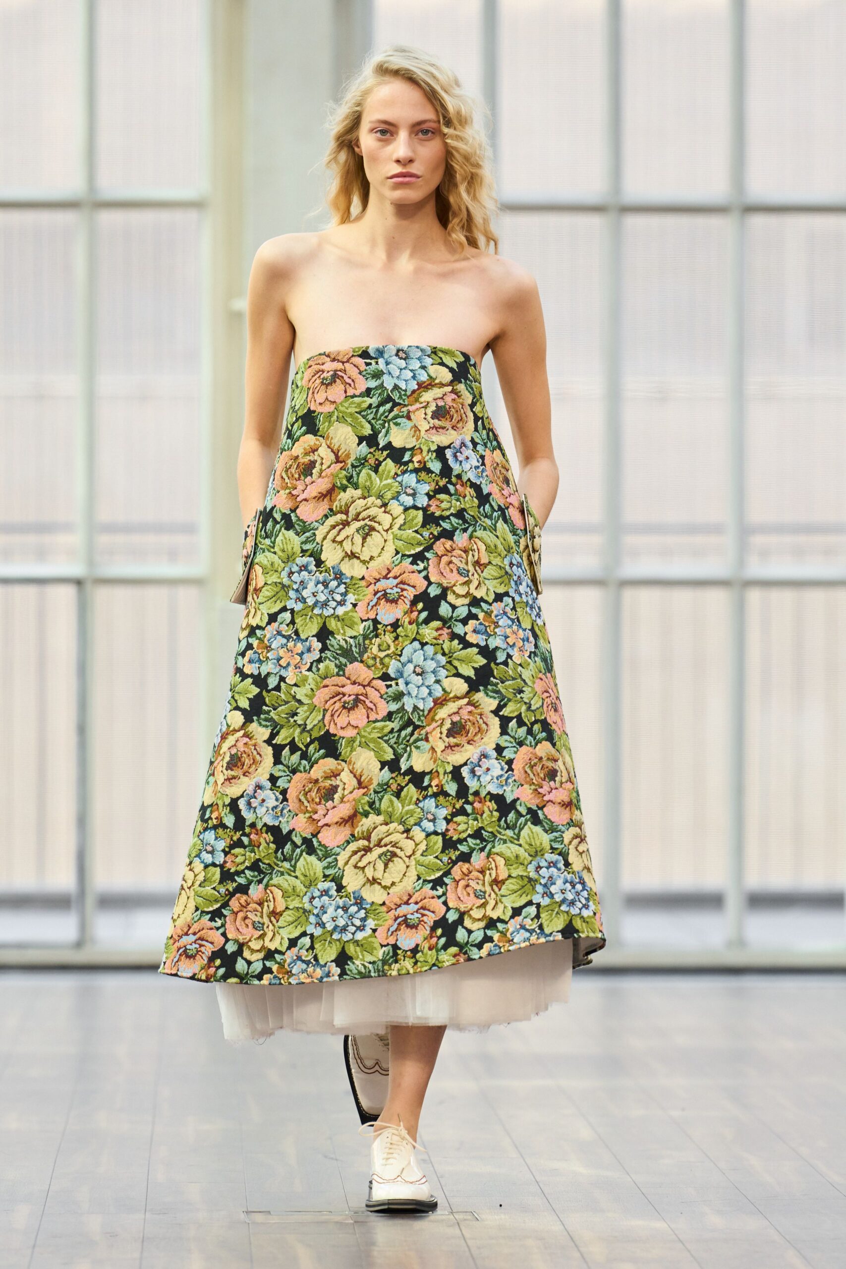floral midi dress with white shoes