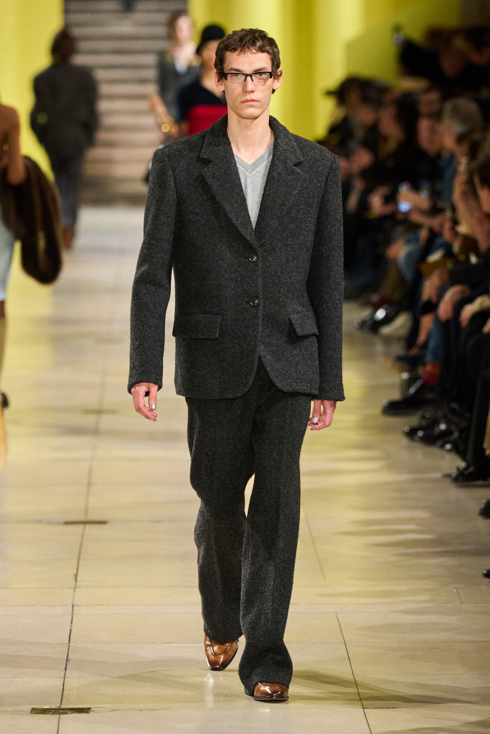 gray tailored suit with white shirt