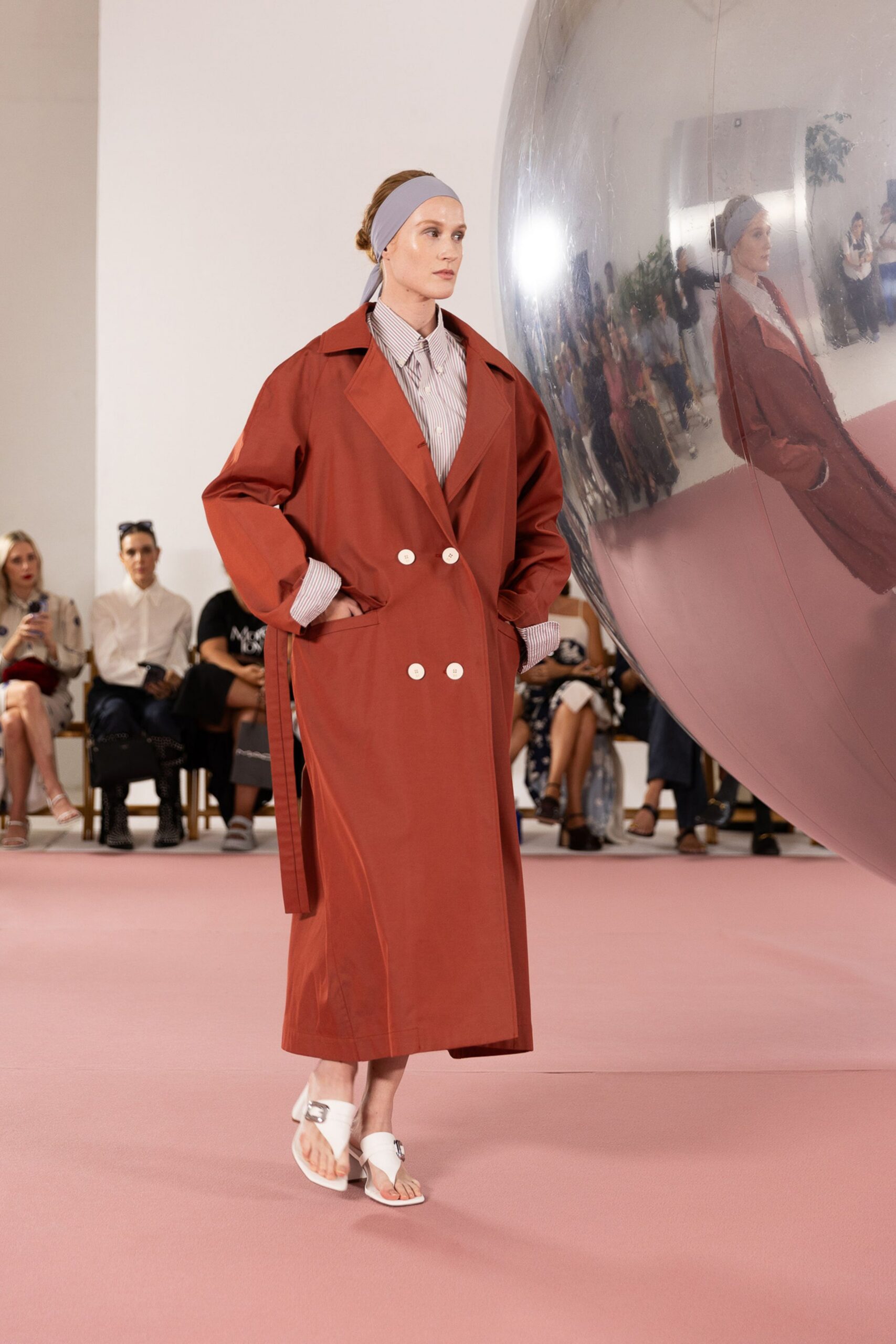 brown double-breasted maxi trench