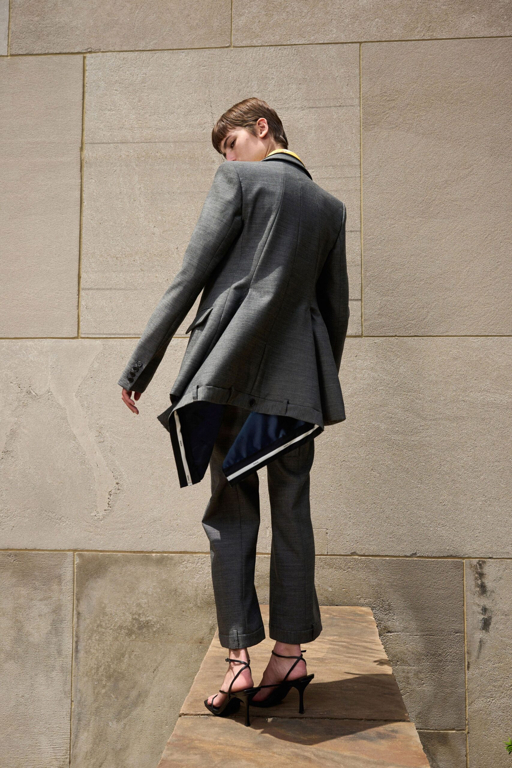 gray structured blazer with tailored pants