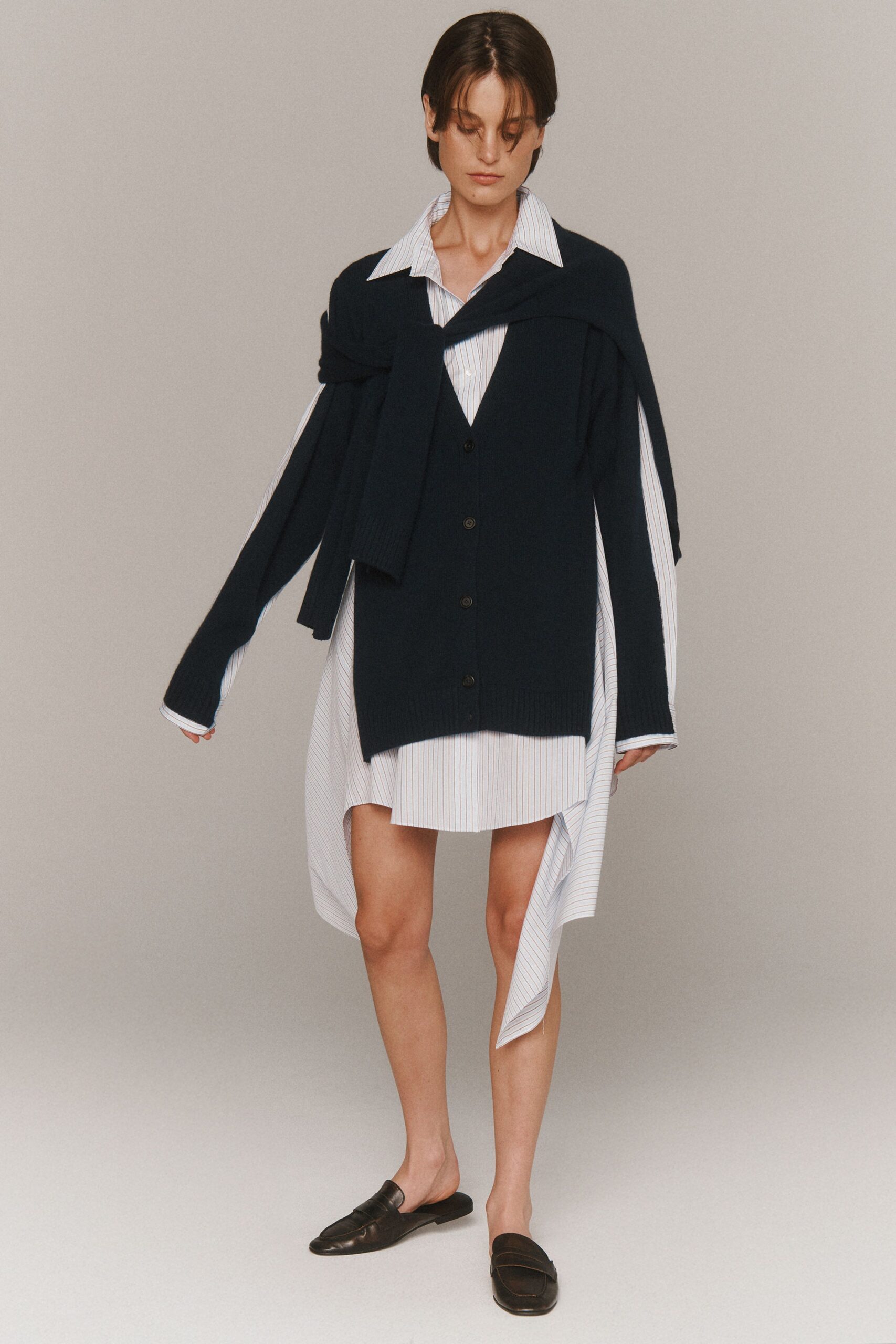 white cotton long-sleeve collared fitted striped short shirt-dress