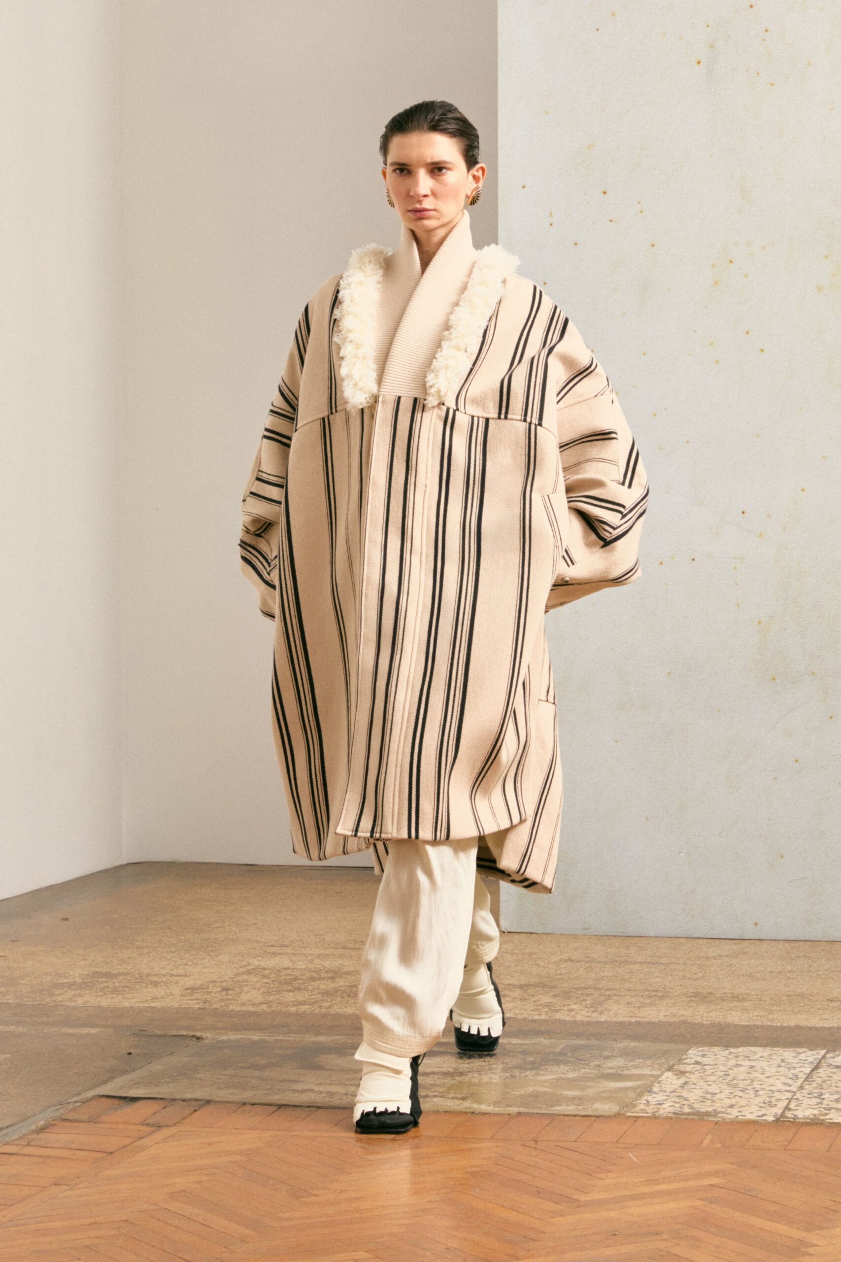beige striped oversized coat