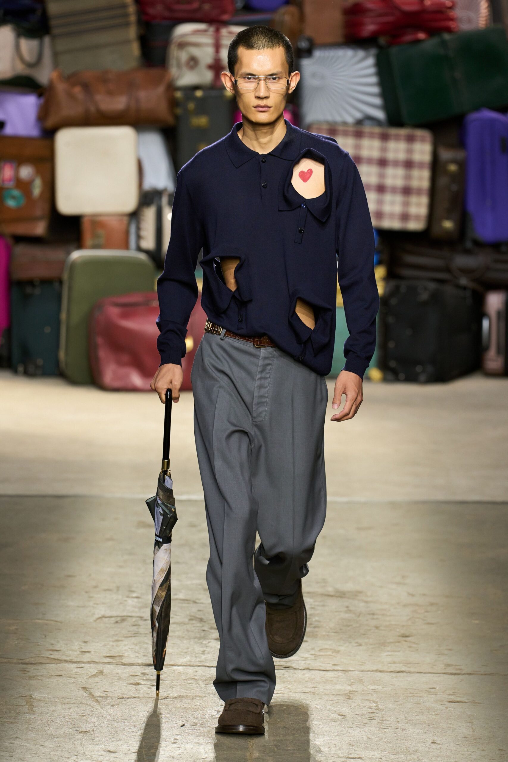 navy shirt gray pants outfit