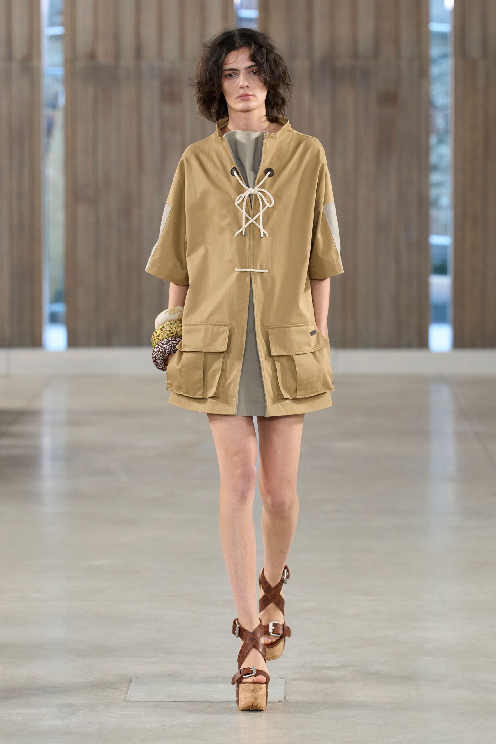 beige hooded short-sleeve dress