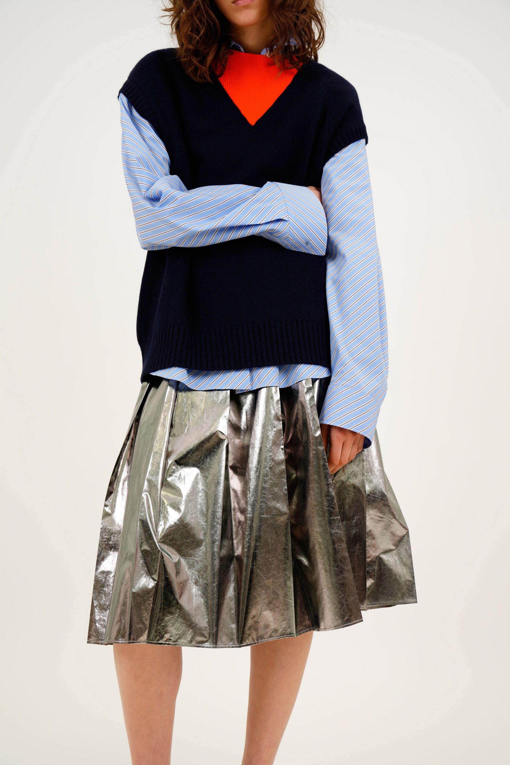 gray metallic structured pleated shiny skirt