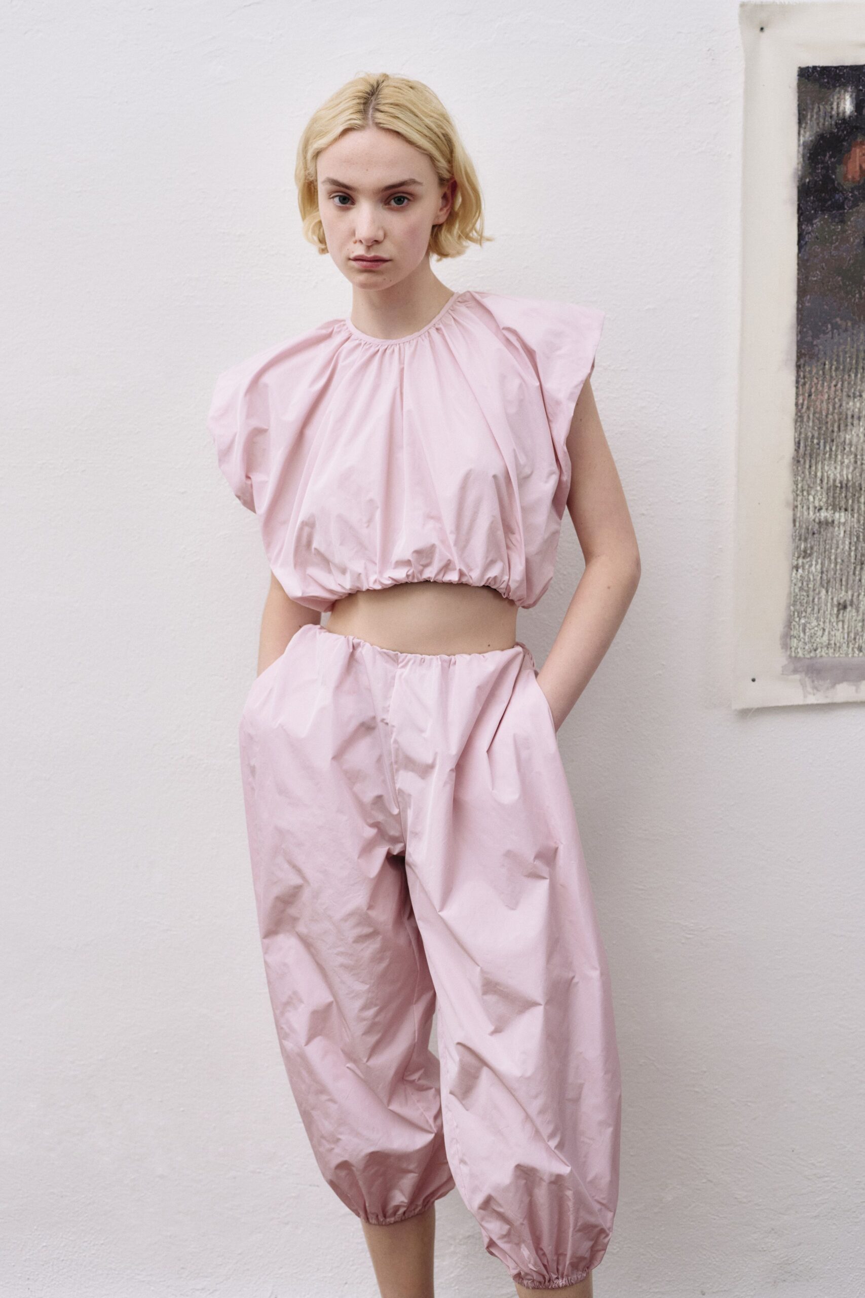 pink cotton sleeveless high-neck relaxed pleated cropped top