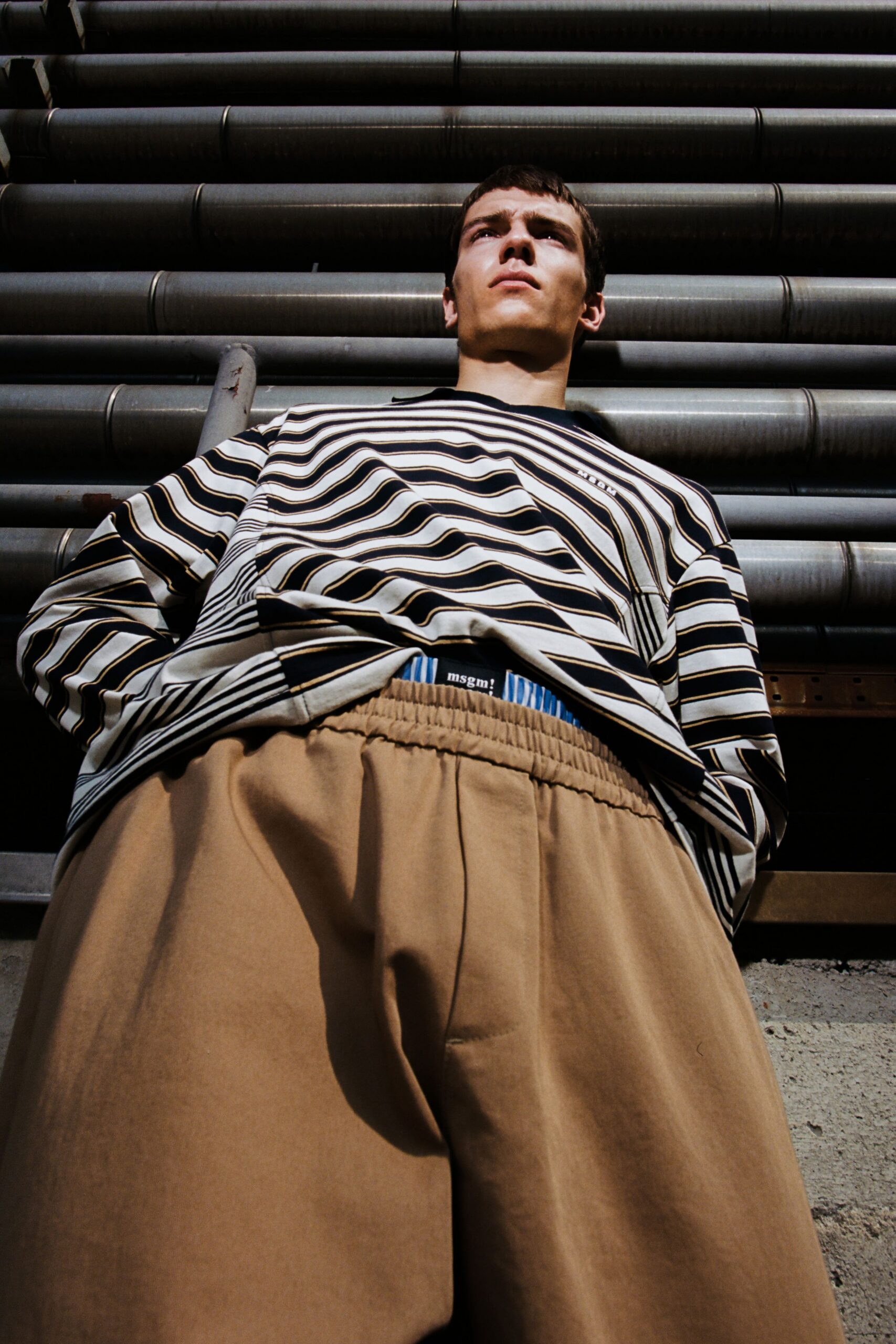 striped shirt beige pants