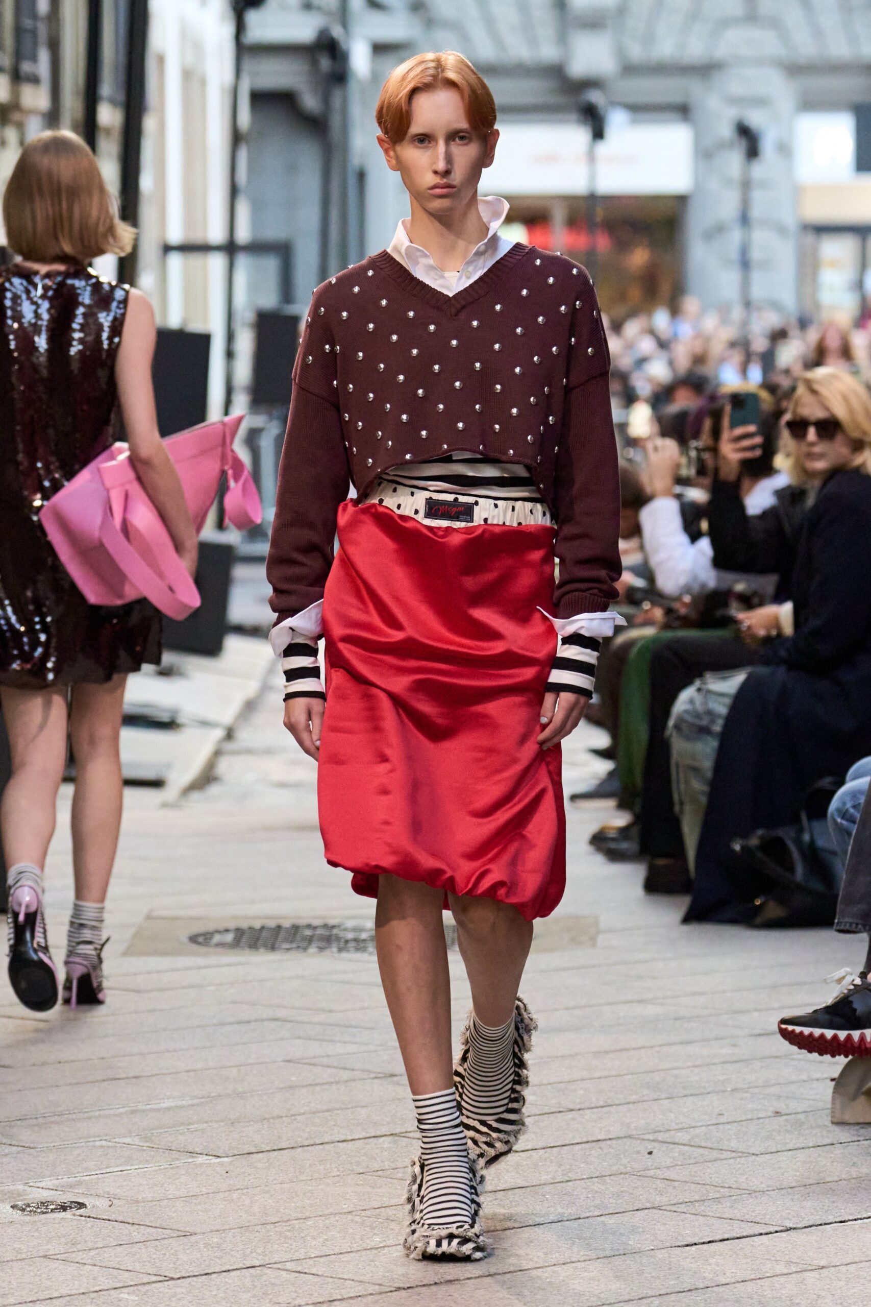 red silk fitted ruched midi skirt