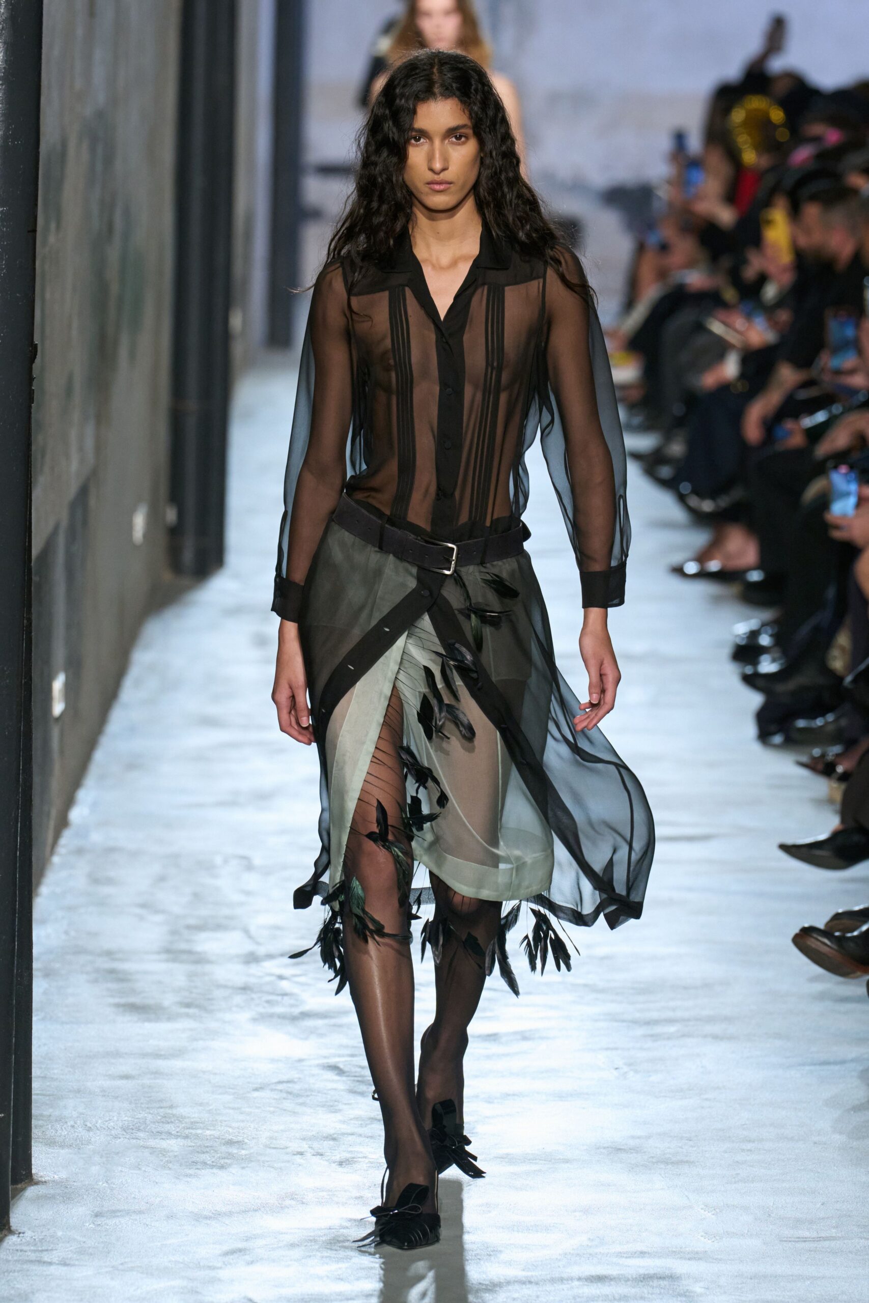 black silk long-sleeve collared fitted layered fringed dress