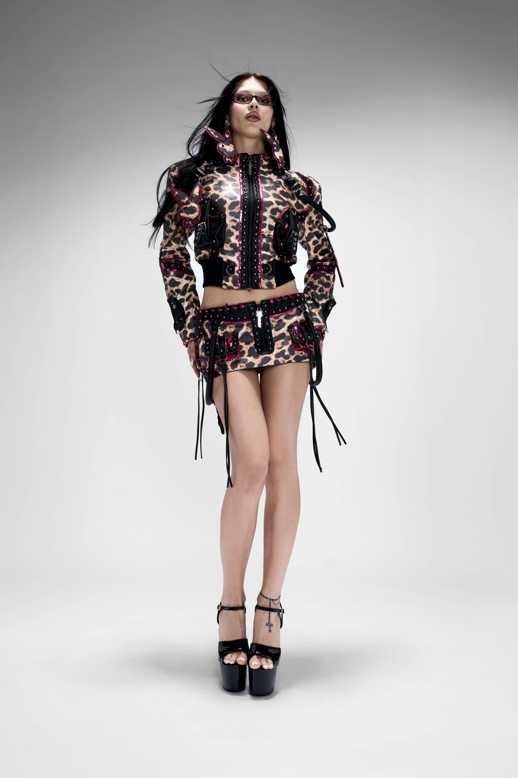 multi cotton long-sleeve collared fitted zippered fringed top