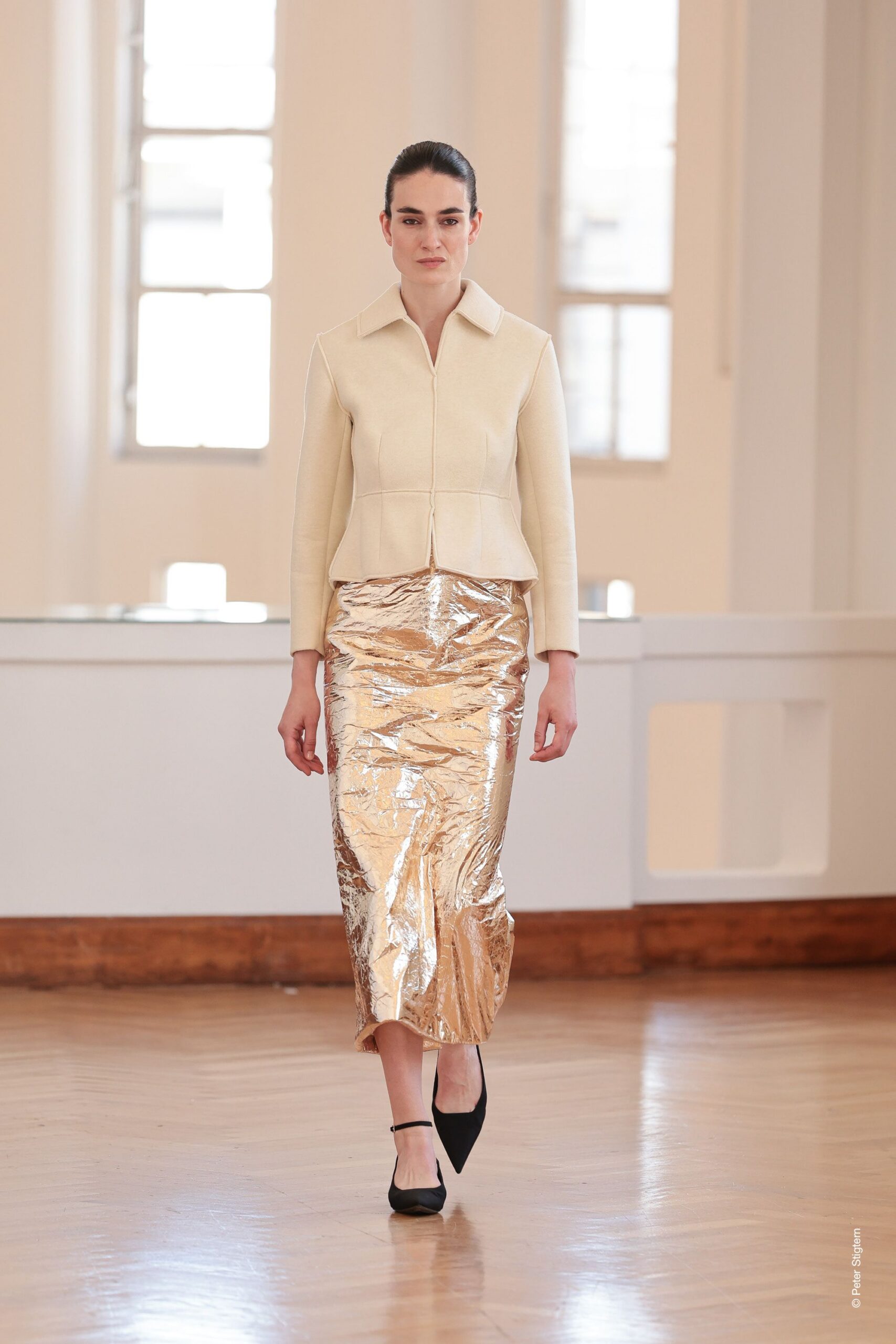 beige silk long-sleeve collared structured jacket