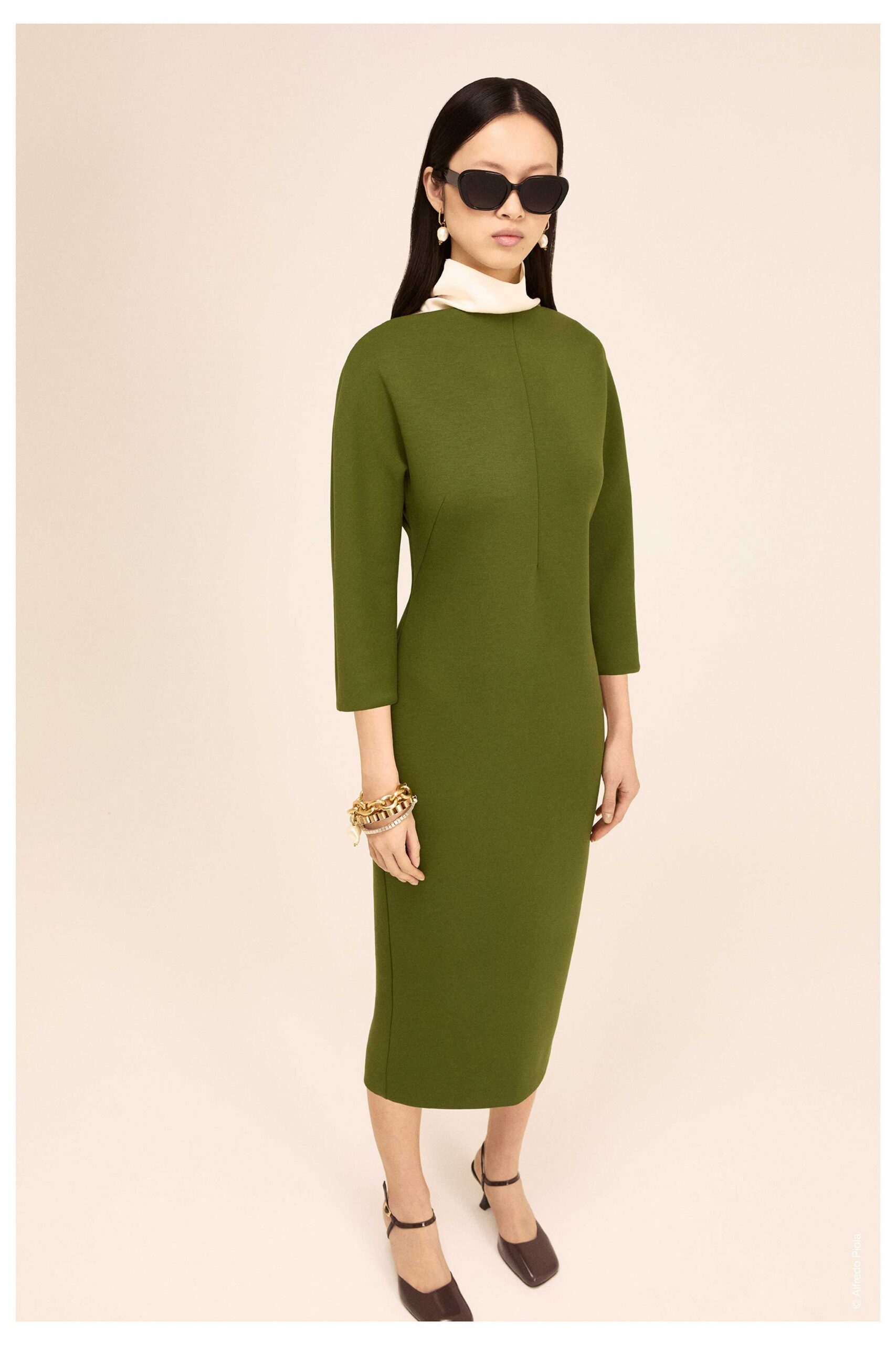 green cotton long-sleeve high-neck fitted straight-leg midi dress