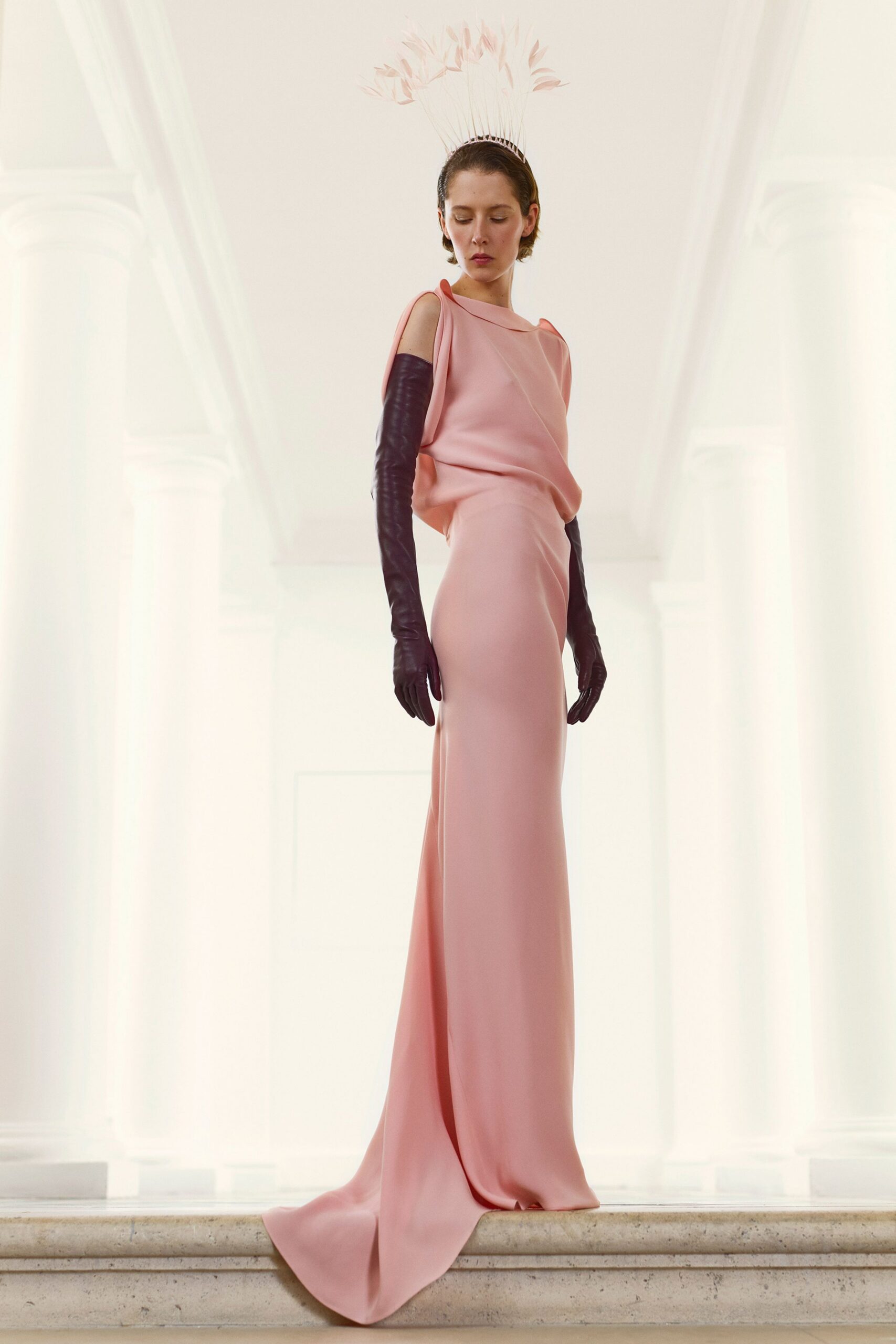 pink silk fitted gown with gloves