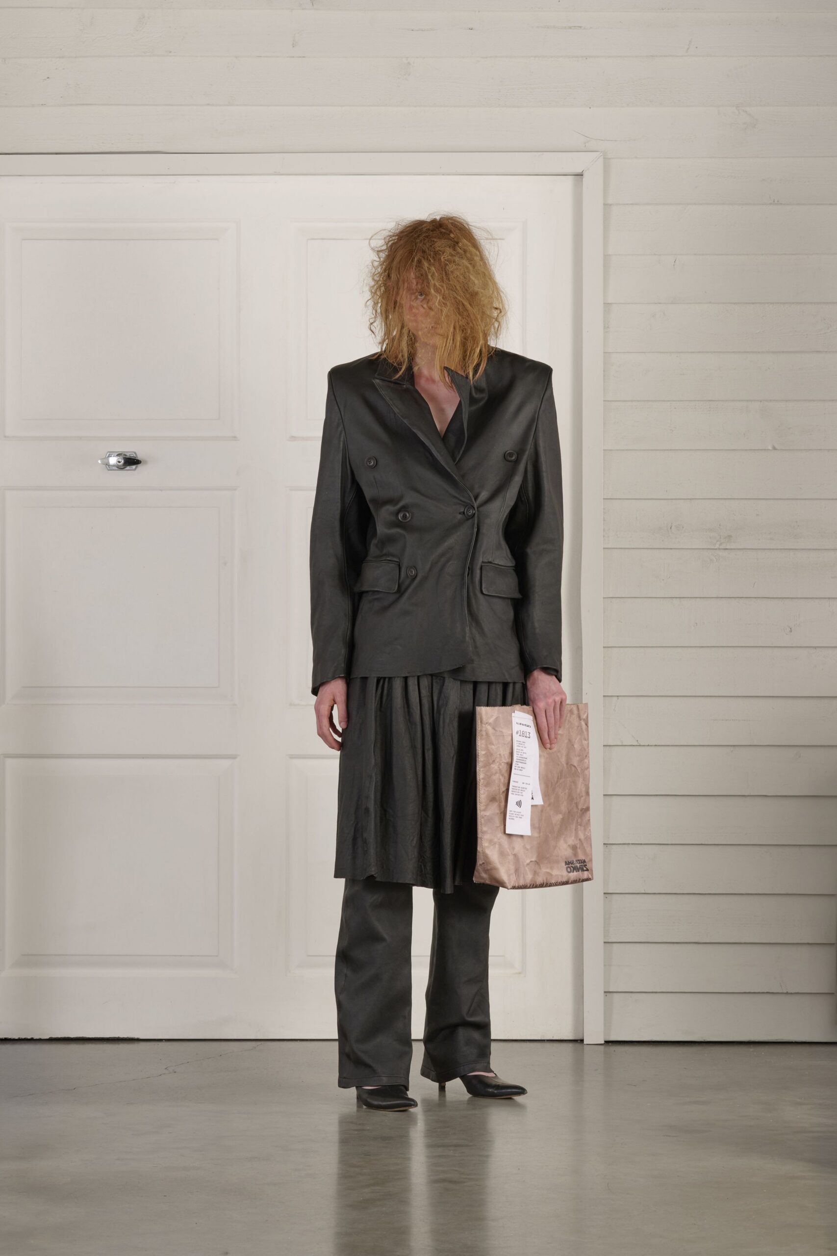 black leather long-sleeve collared structured buttoned blazer