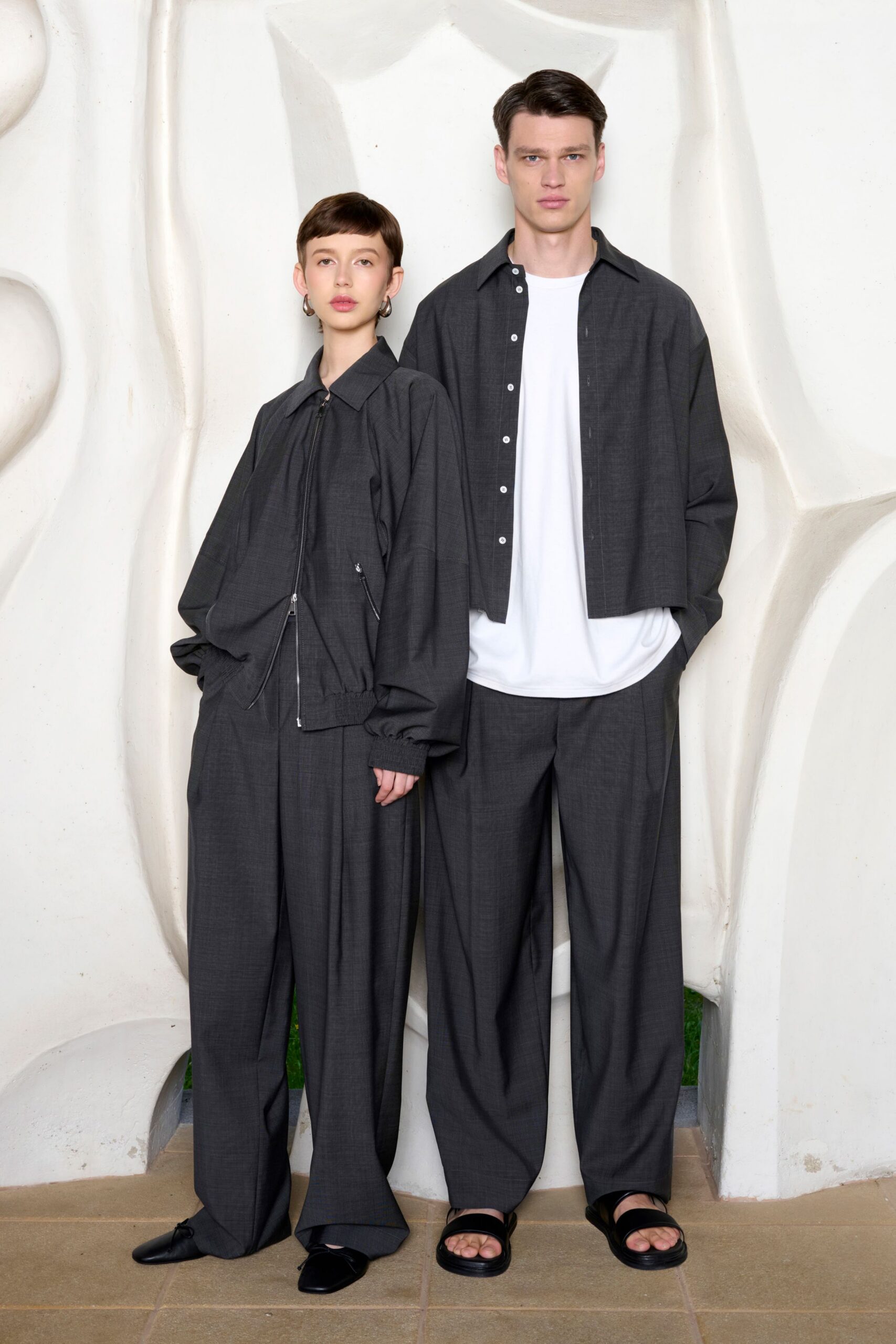 gray relaxed jacket and pants