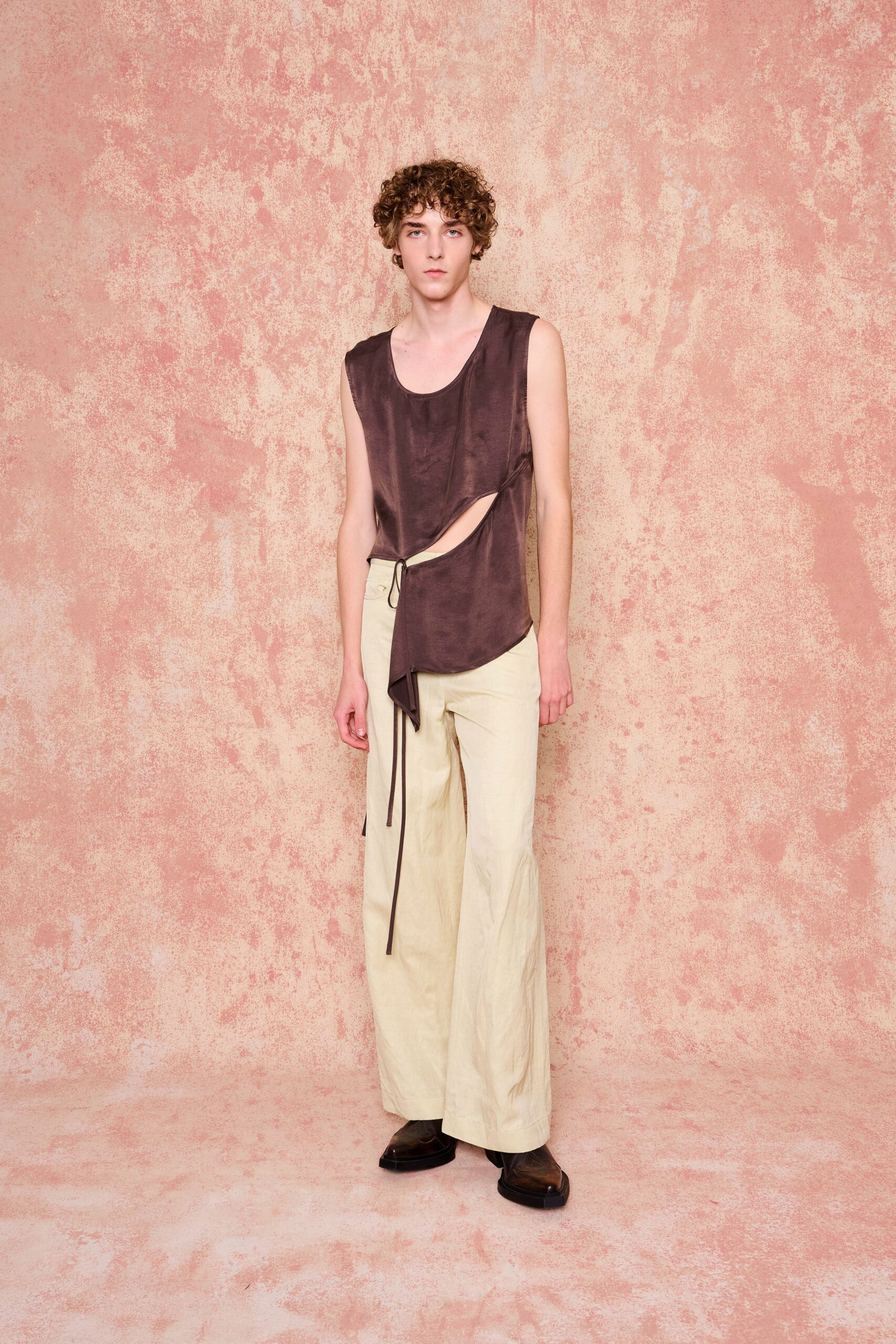 brown silk sleeveless top with cutout