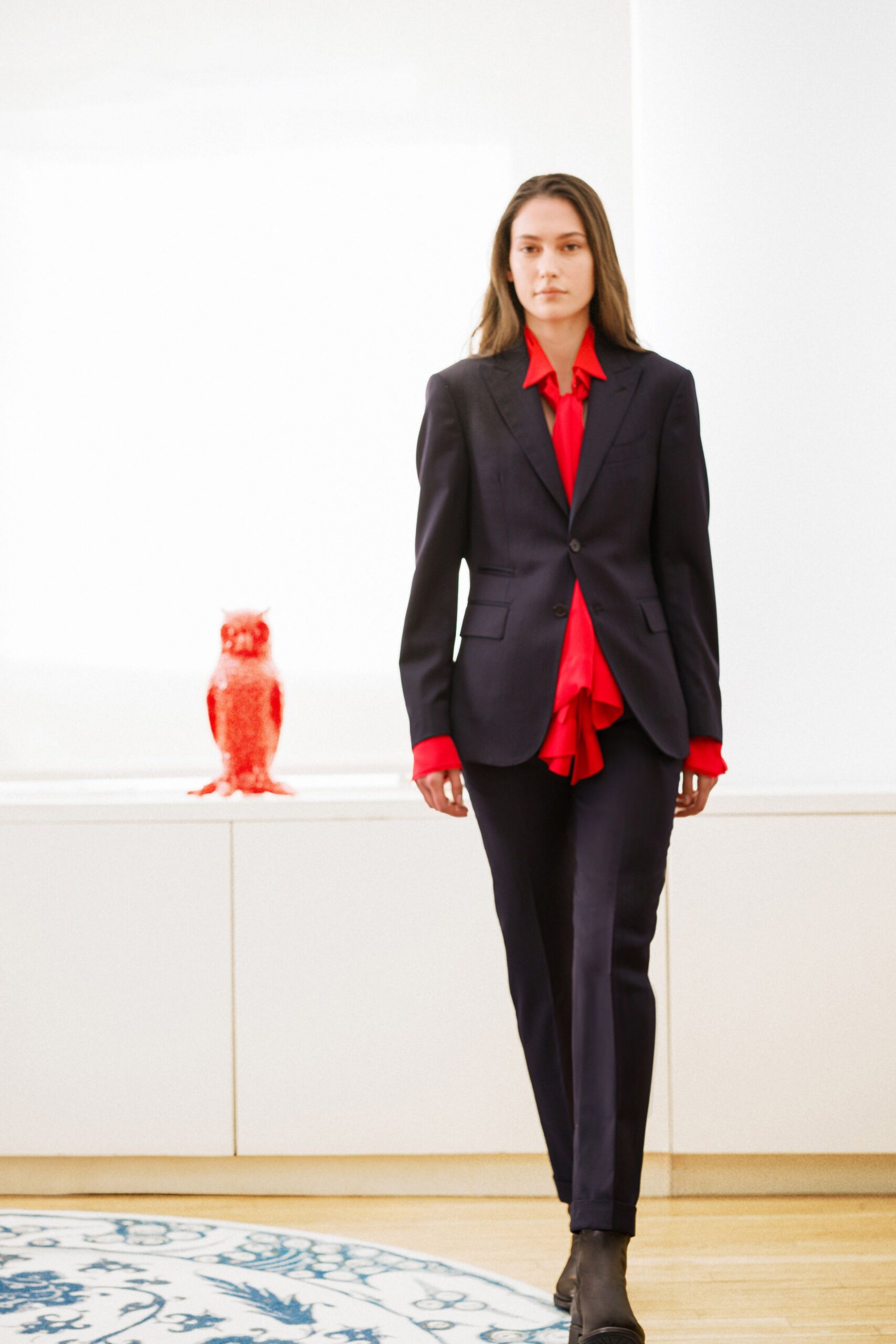 red cotton long-sleeve collared fitted ruffled shirt