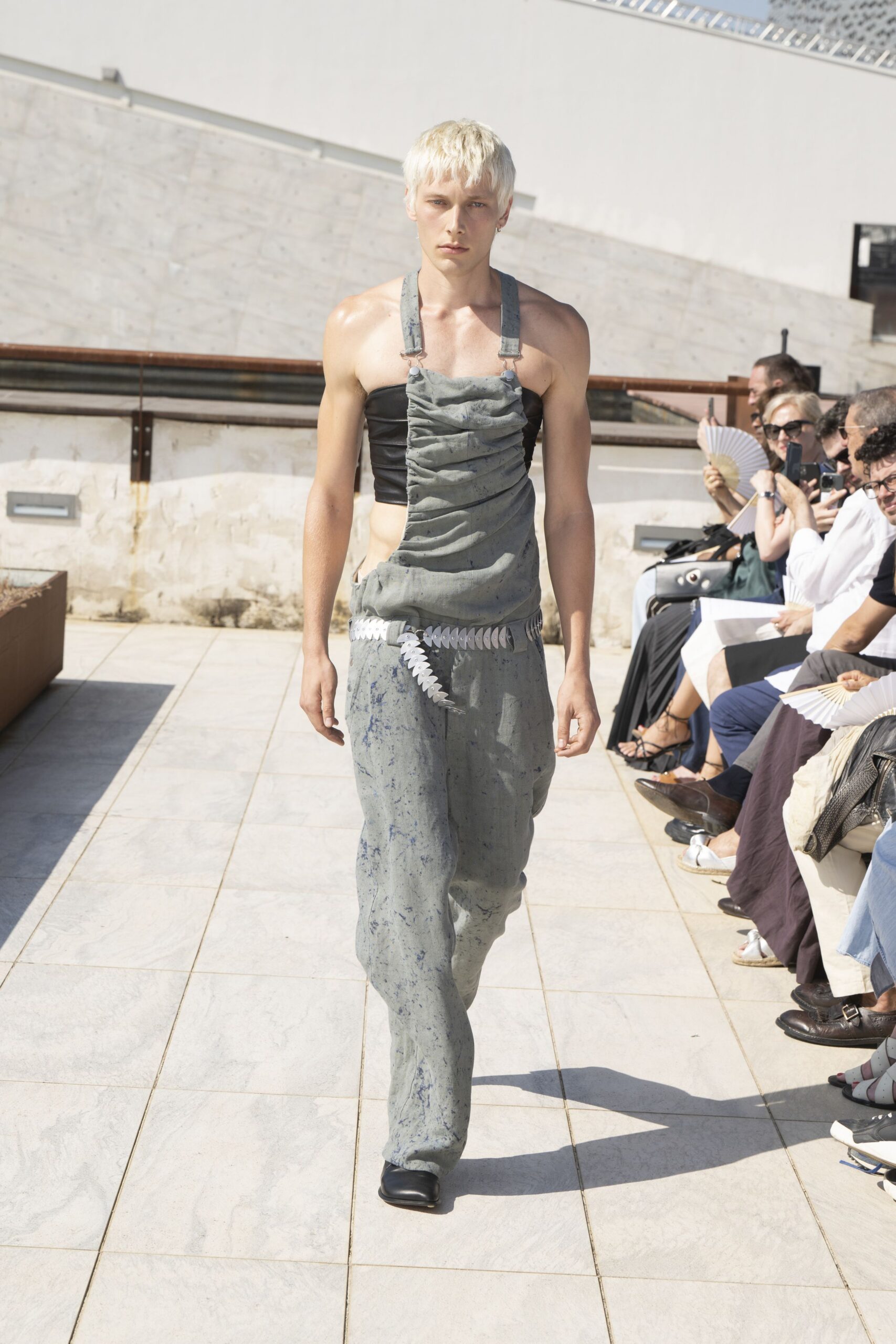 gray denim overalls with black top