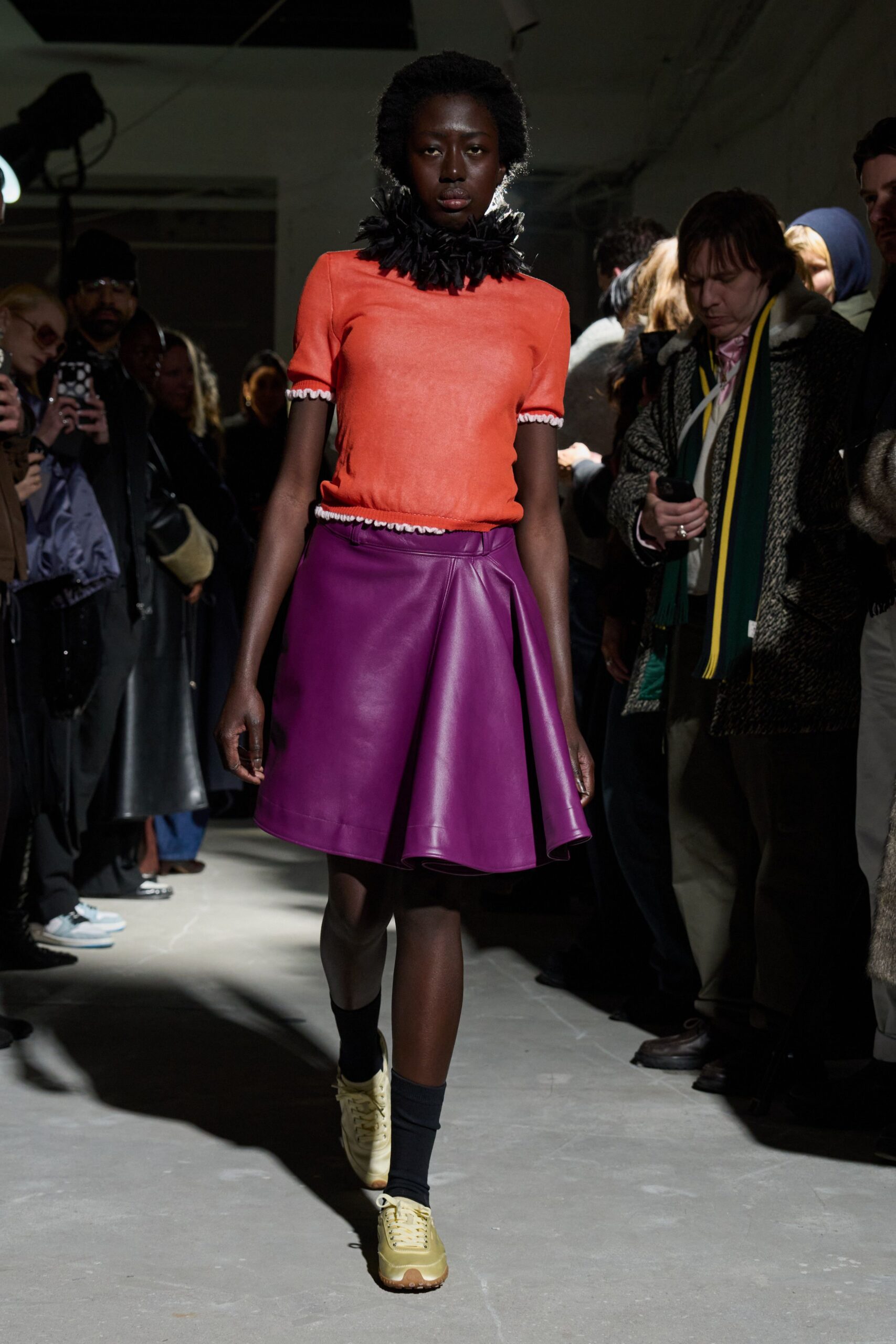 purple leather fitted flared mini skirt