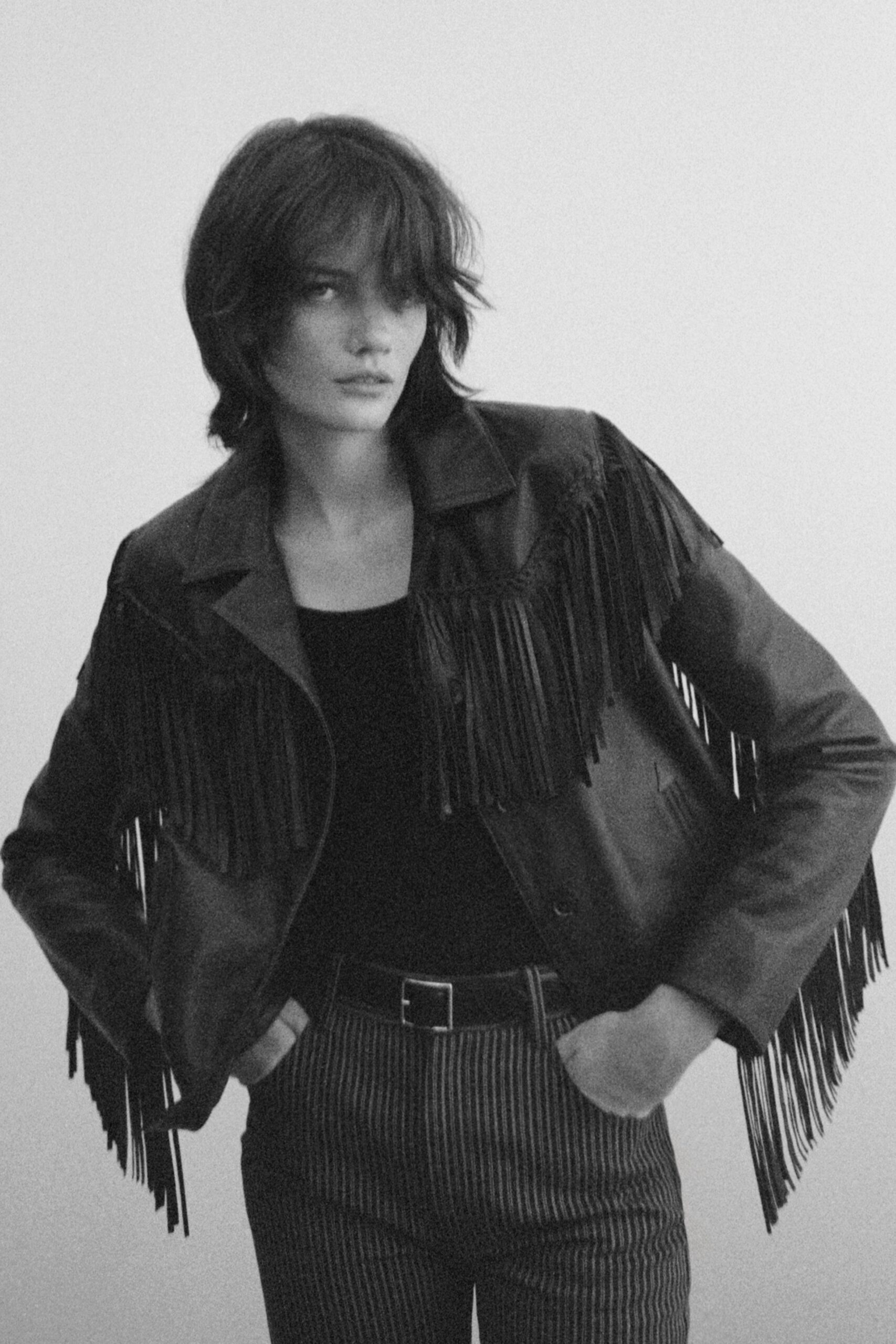 black leather fringed jacket