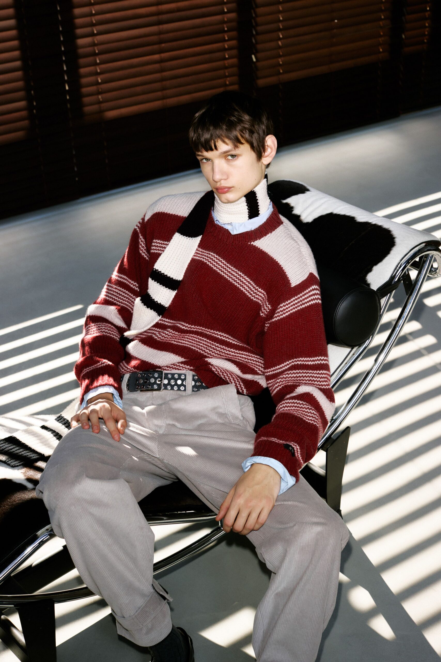 red cotton long-sleeve v-neck relaxed striped sweater