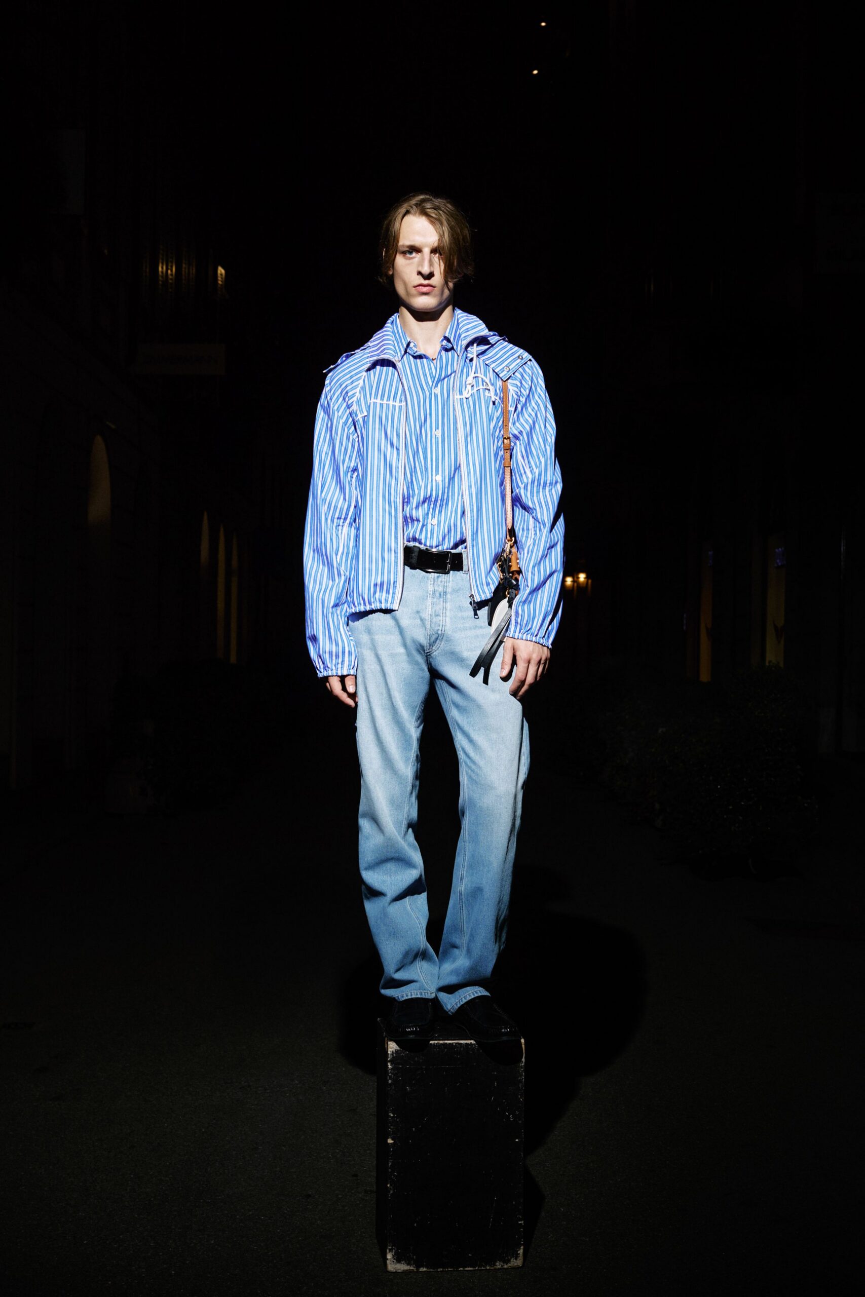 blue striped shirt with denim pants
