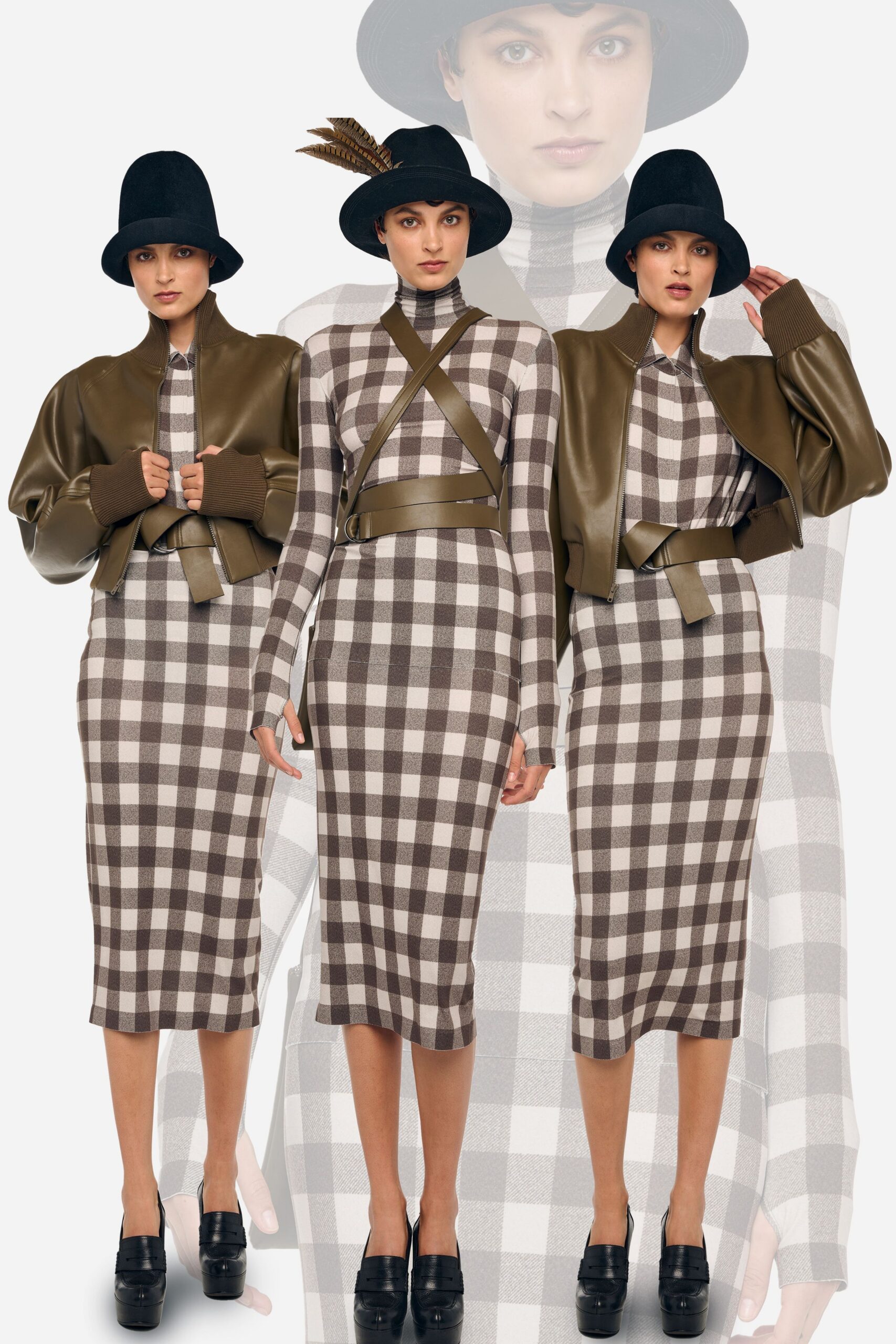 brown and white checked midi dress