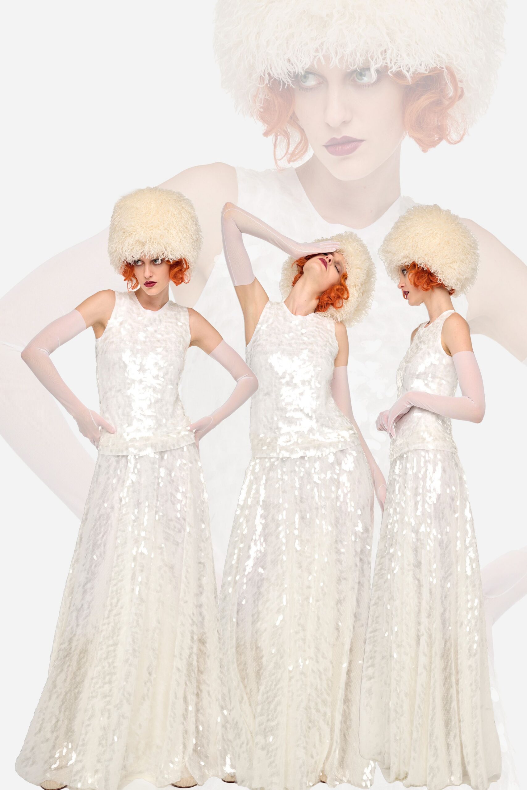 white sequin sleeveless high-neck fitted layered shiny gown