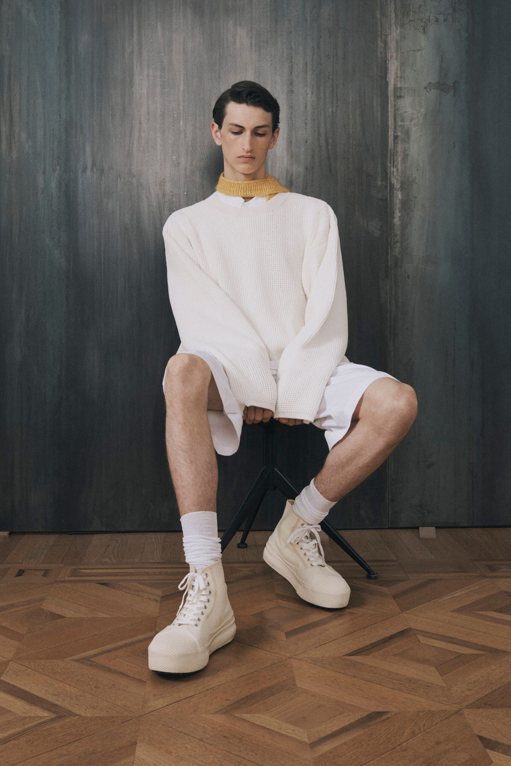 white cotton long-sleeve collared oversized ribbed sweater