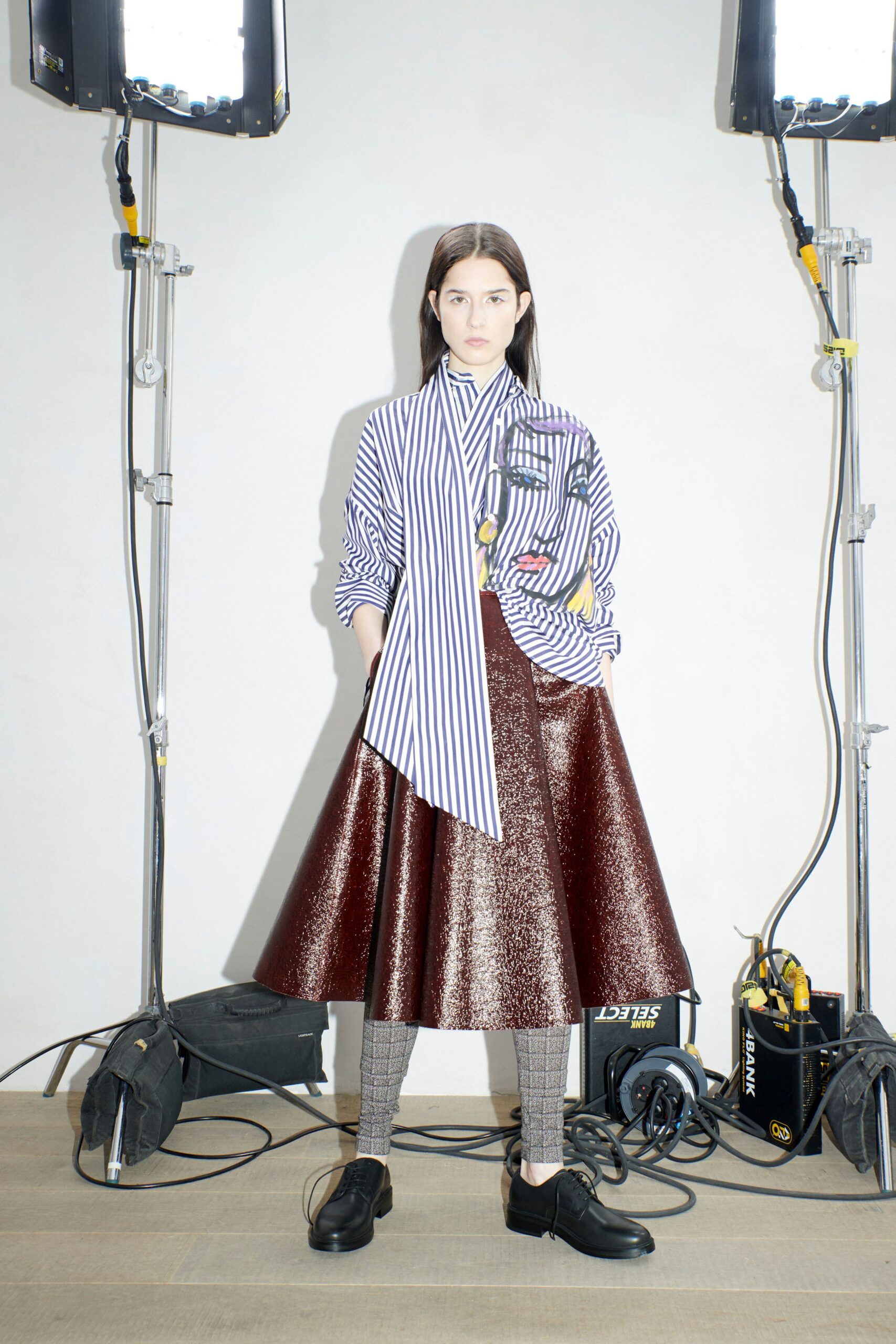 relaxed striped shirt with flared maroon skirt